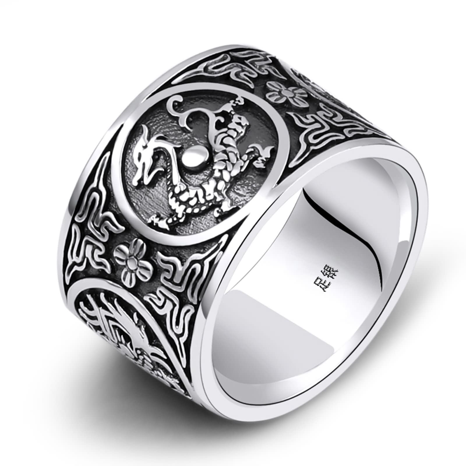 Beydodo Jewellery Sterling Silver Rings for Men Dragon Size H 1/2-Z 1/2 4 Mythical Animals Rings Azure Dragon