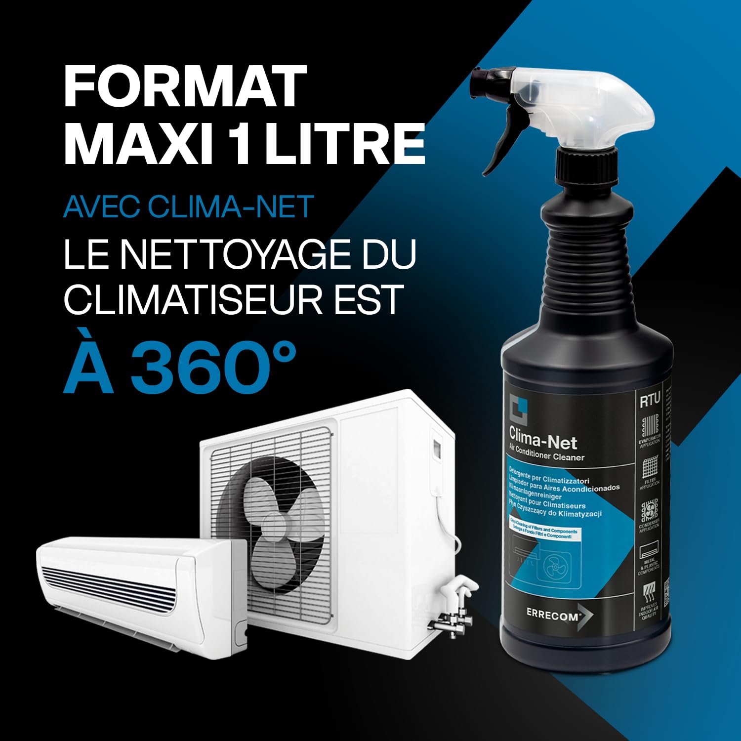 Errecom Clima-Net, Maxi Formato 1 Litro, Detergente per Climatizzatori, Filtri, Batterie Alettate, Deflettori e Unità esterne, Pulizia Profonda Condizionatore, Rimuove Sporco e Cattivi Odori, 1 L - 2