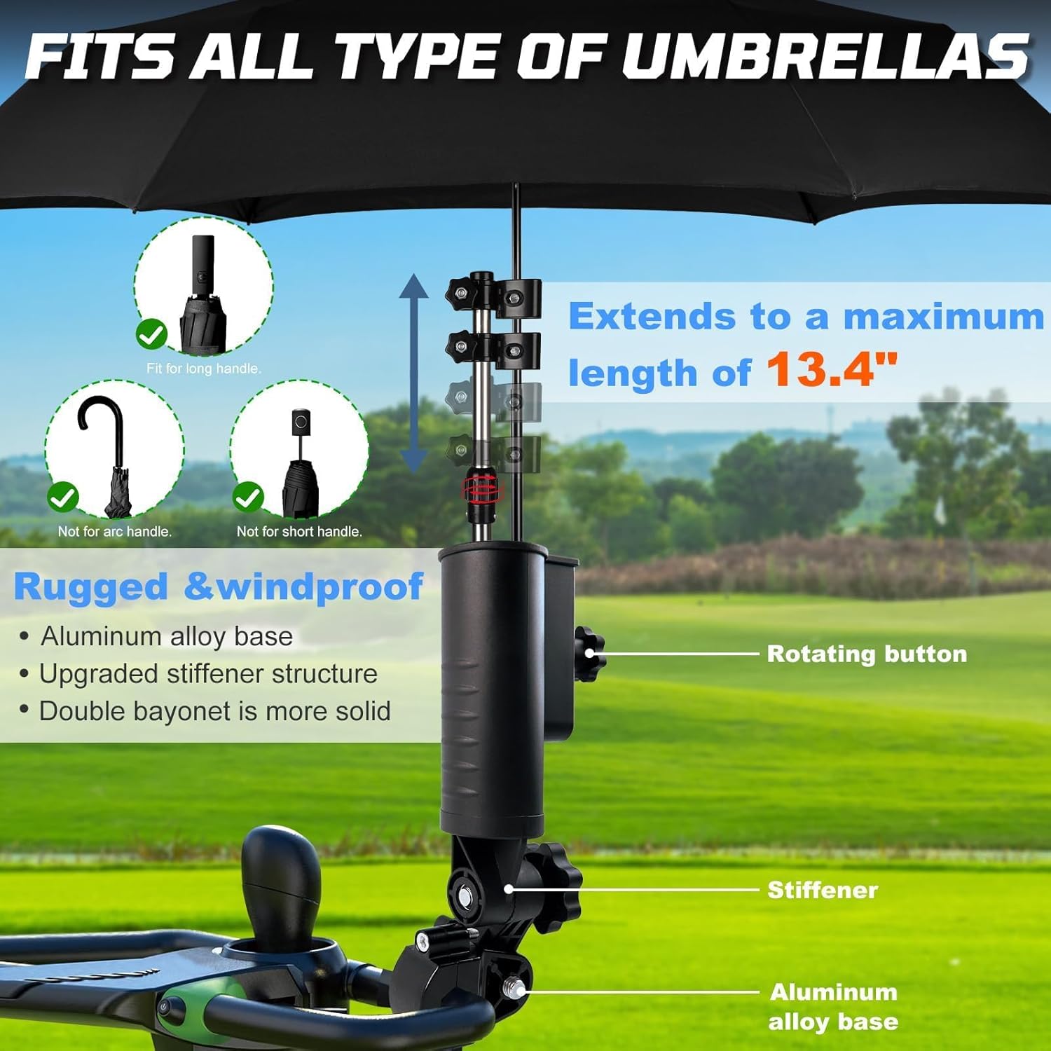 iLSKW Heavy Duty Golf Push Cart Umbrella Holder Upgraded Strong Windproof Design Aluminium Alloy Base with 180 Degrees Adjustment Stroller Umbrella Holder for Mobility Scooter, Wheelchair, Wagon Cart - Image 2