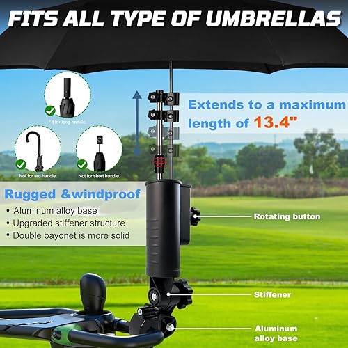 Miniatura 2 de iLSKW Soporte de paraguas para carrito de golf resistente, diseño resistente al viento, base de aleación de aluminio con ajuste de 180 grados,