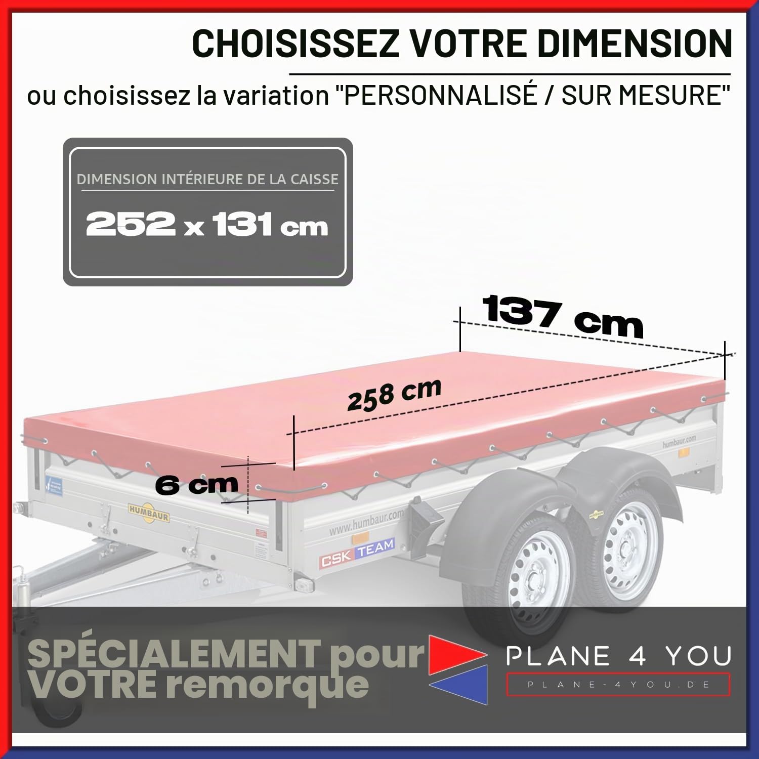 Humbaur Bâche de remorque de haute qualité 258 x 137 cm – Bâche de remorque imperméable sur mesure – Bâche plate – Gris brillant