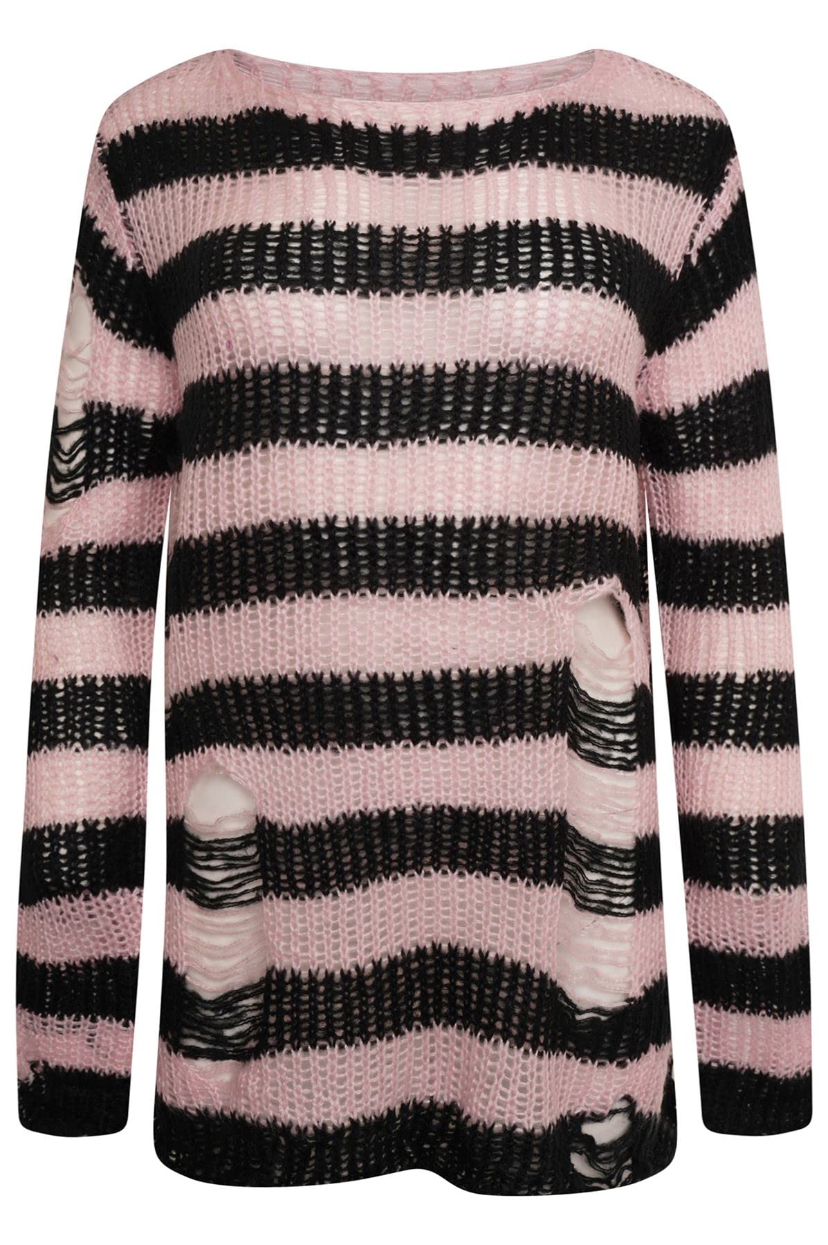Ro Rox Gothic Knitted Jumper with Distressed Look - Oversized Pullover with Ripped Design, Long Sleeves, Loose Fit, 90s Grunge Style Stripe Pattern, Light Pink, S-M