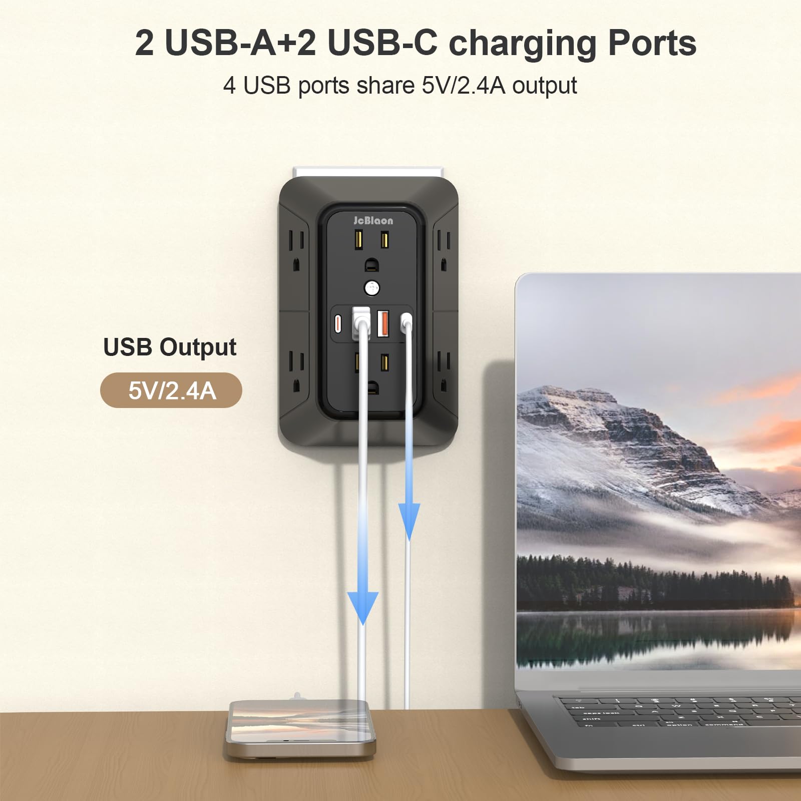 Paquete de 2 extensores de toma de pared con múltiples enchufes, 6 divisores de salida de CA con 4 puertos USB (2 USB C) cargador de pared 1050J tira de alimentación 125V/15A, 1875W para el hogar, la