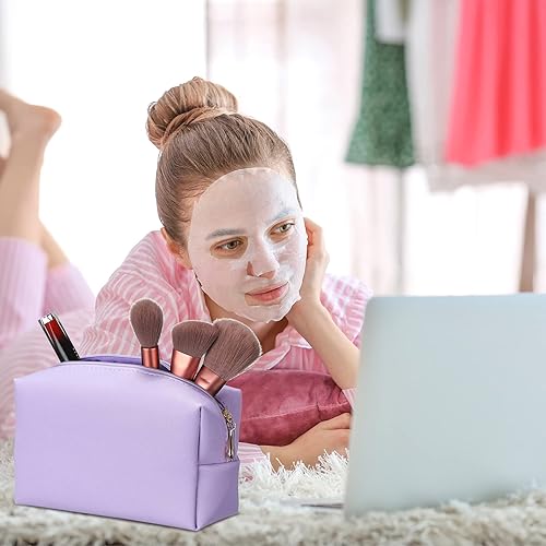 Miniatura 7 de Sanwuta 9 piezas de bolsa de maquillaje de piel sintética para cosméticos, bolsa de maquillaje lisa, bolsa de cosméticos impermeable, bolsas de aseo