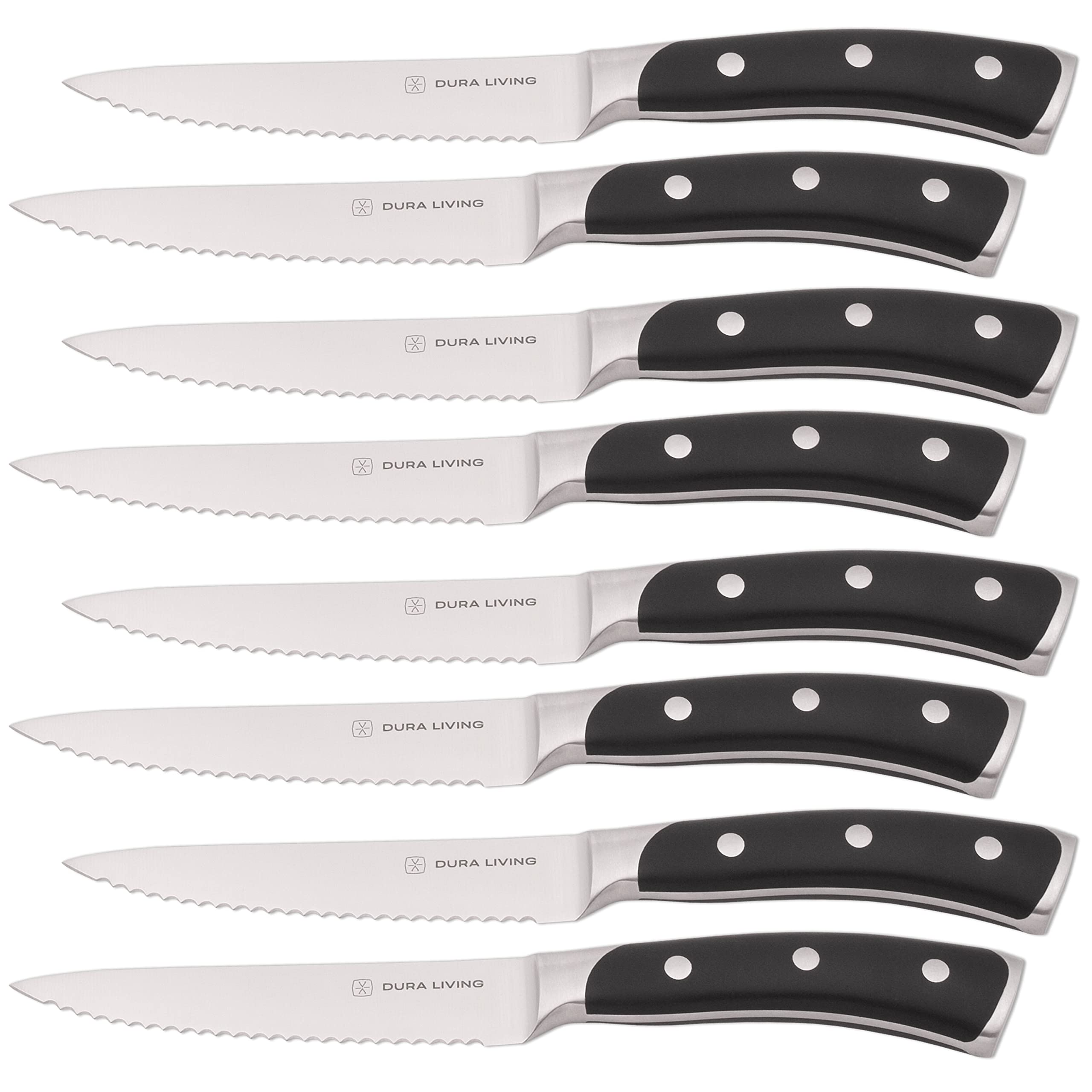 8-Piece Serrated Kitchen Steak Knife Set – Forged High Carbon Stainless Steel, Ultra Sharp, Ergonomic Black Handles, Durable Dinner Knives, Black Handle