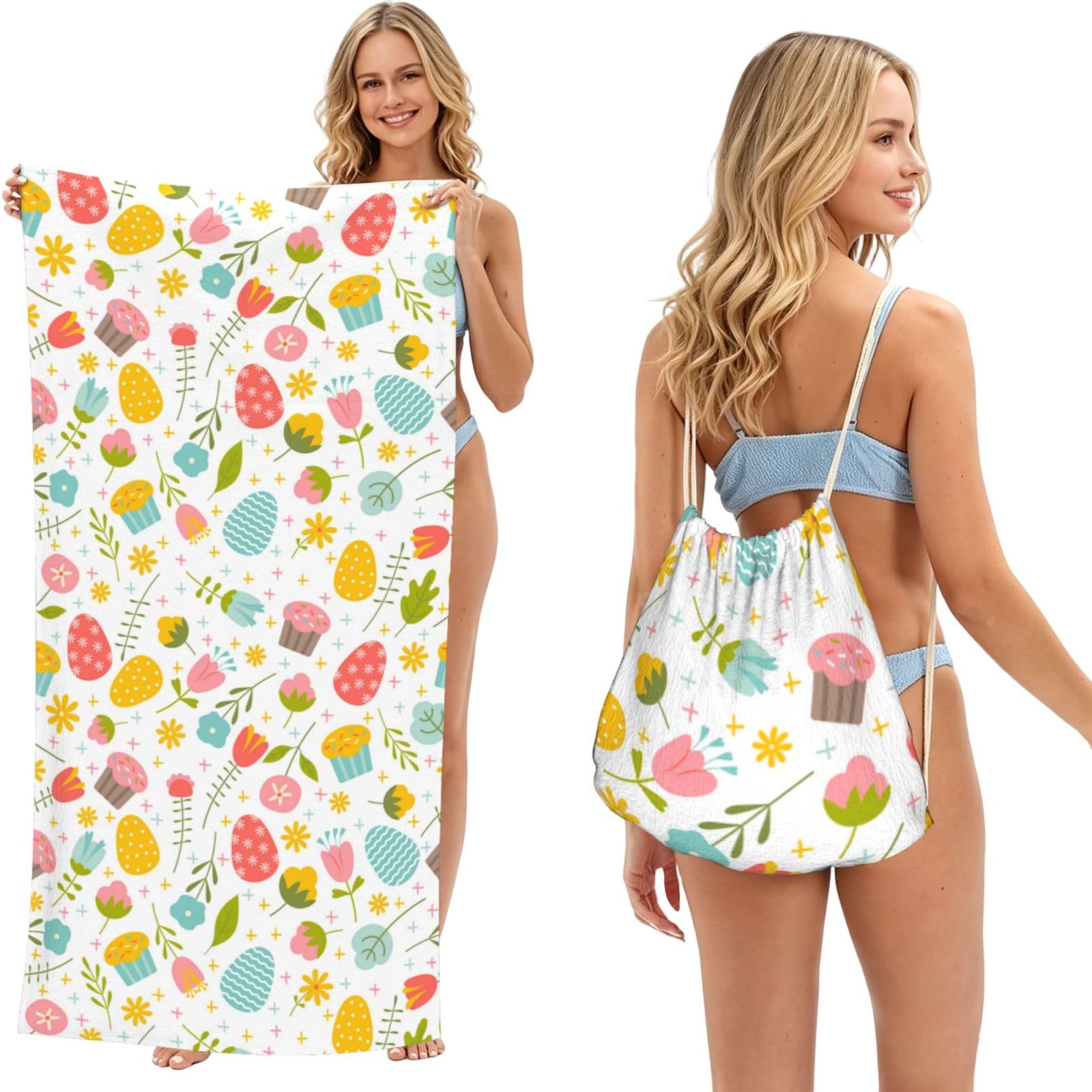 Poadnly As Picture Easter Spring With Flowers And Eggs, 2 In 1 Packable Towel Bag, Beach Towels With Drawstring Backpack For Travel Holiday Camping