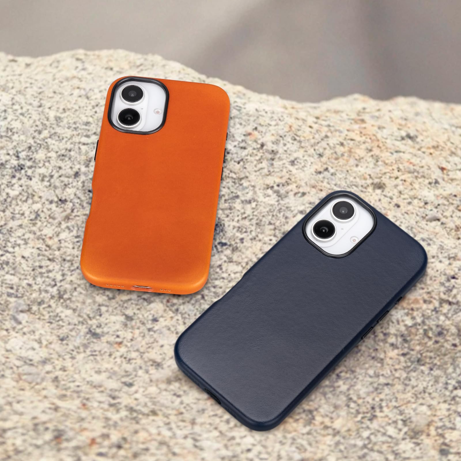 maogoam Funda de piel para iPhone 16 Plus de 6.7 pulgadas, compatible con MagSafe, cuero auténtico de grano superior curtido vegetal, botones de metal y marco de cámara, estilo elegante, naranja
