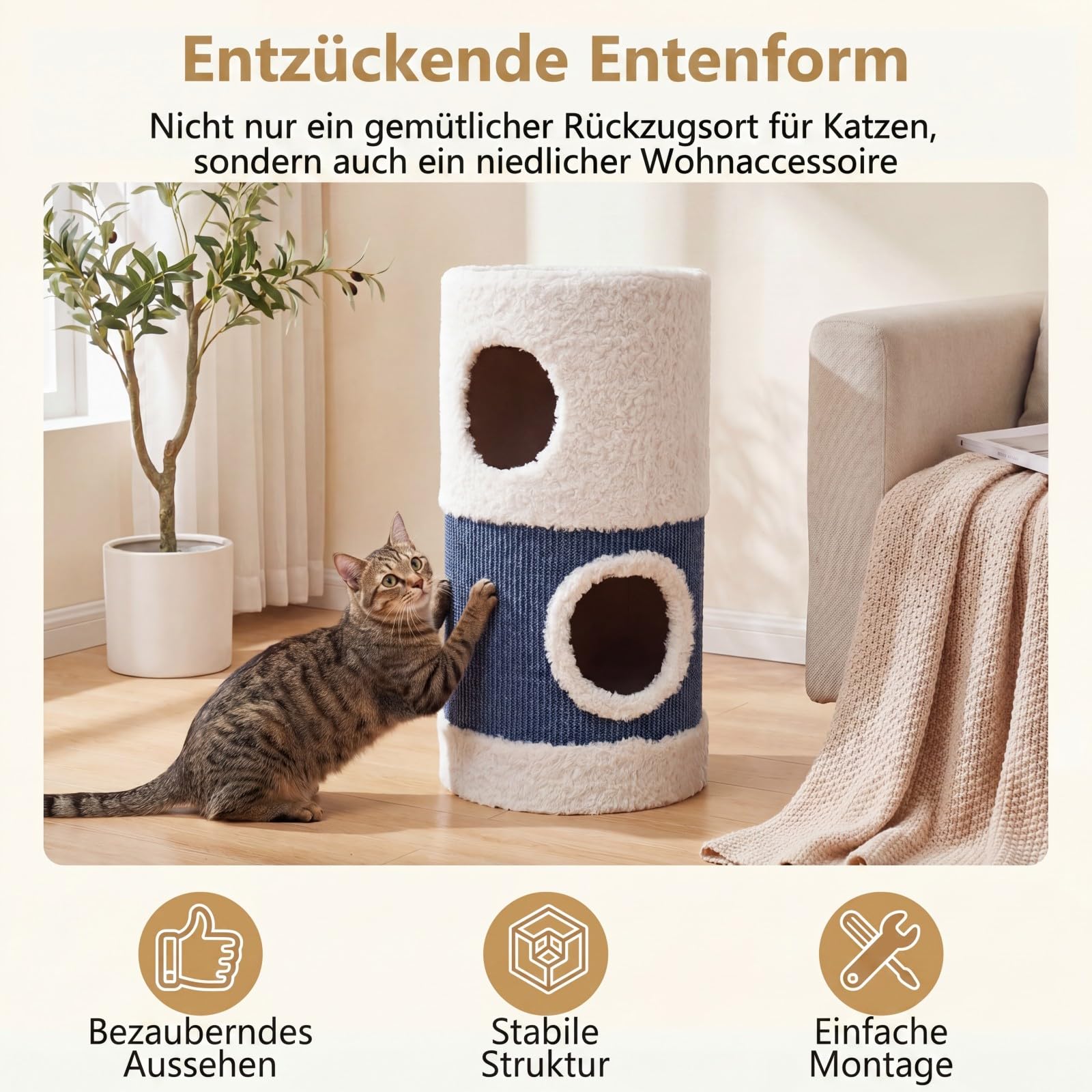GOPLUS 2-stöckiges Katzenhaus mit Kratzbrett, Katzenhöhle mit überdachtem Katzenbett & integrierten Katzentunnel, Moderne Katzentonne, 35 x 35 x 66 cm, stabile Katzenhütte für Hauskatzen