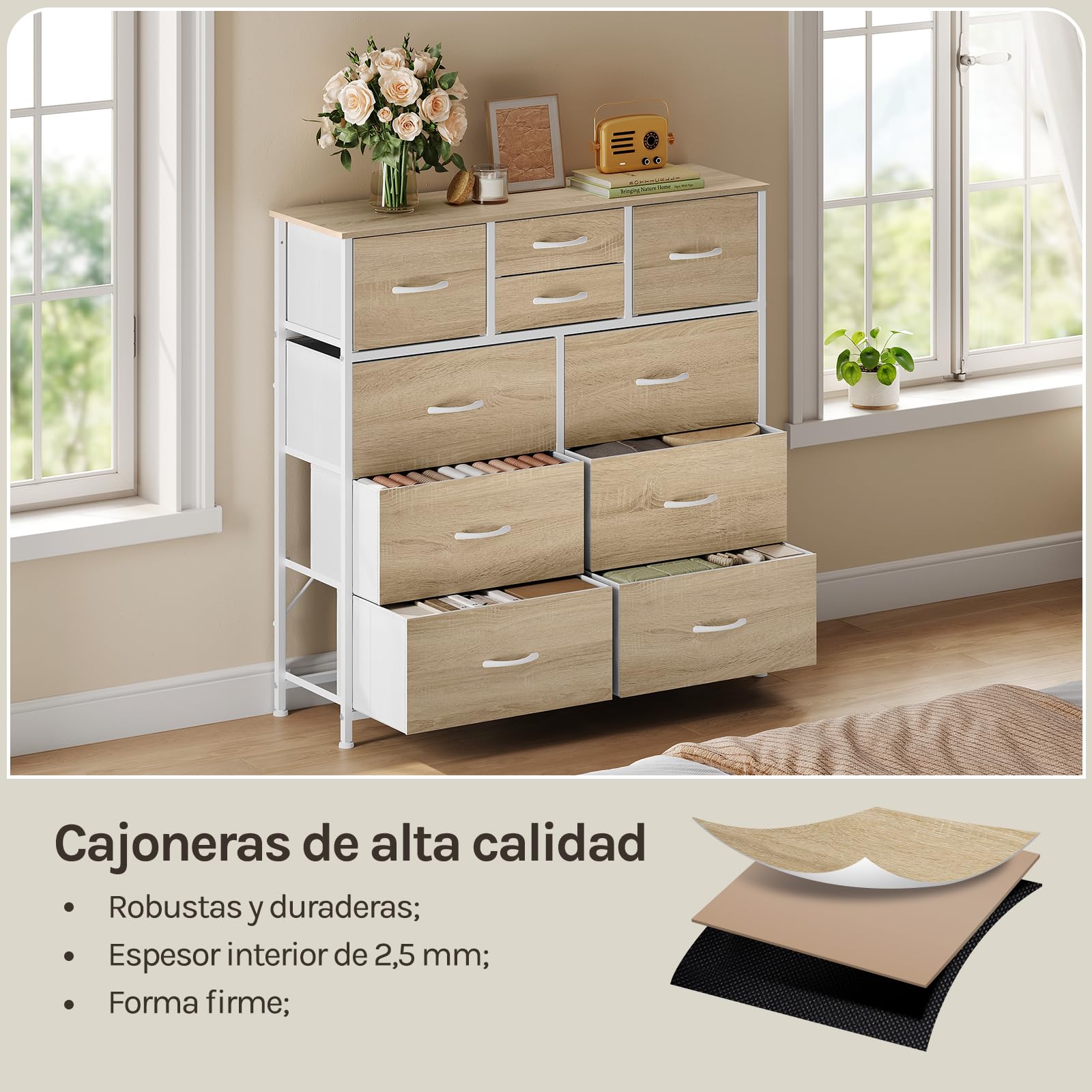 WOLTU Cajonera de Tela, Cómoda Dormitorio de Tela, Unidad de Almacenaje con 10 Cajones, para Recibidor y Salon, Estructura de Metal Resistente, Roble Claro+Blanco, SSK009whe