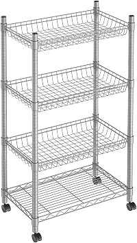 Guan River 4 Tier Wire Basket Shelf,Silver,23.23" L x 13.11" W x 49.21" H | Wire Shelving,Metal Shelf with Castor,Height Adjustable,2 Bottoms for ChooseCastor or Leveling Feet for Office,home,store