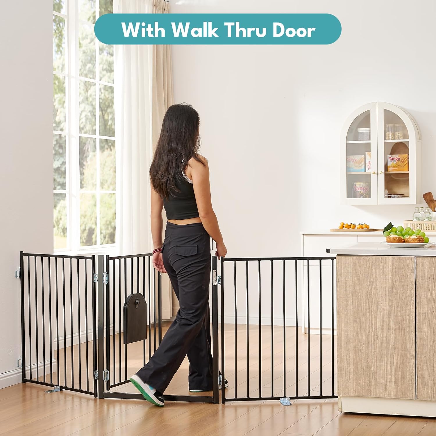 No Pawblems Free Standing Dog Gate with Cat Door 6 Panels + 2 Panels, 30'' Tall Foldable Dog Fence for Indoor & Outdoor, Up to 208 Inch Extra Wide Puppy Gate for Stairs, Hallways, Doorways, Black