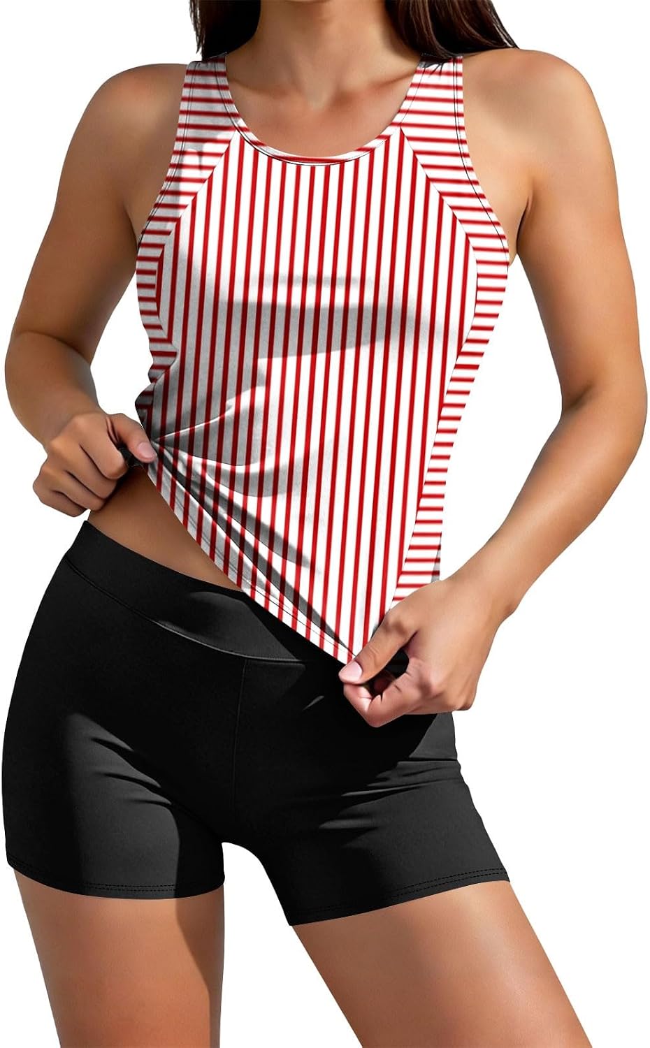 Women Racerback Tankini Swimsuit with Shorts Tummy Control Two Piece Bathing Suit Striped Print Modest Swimwear