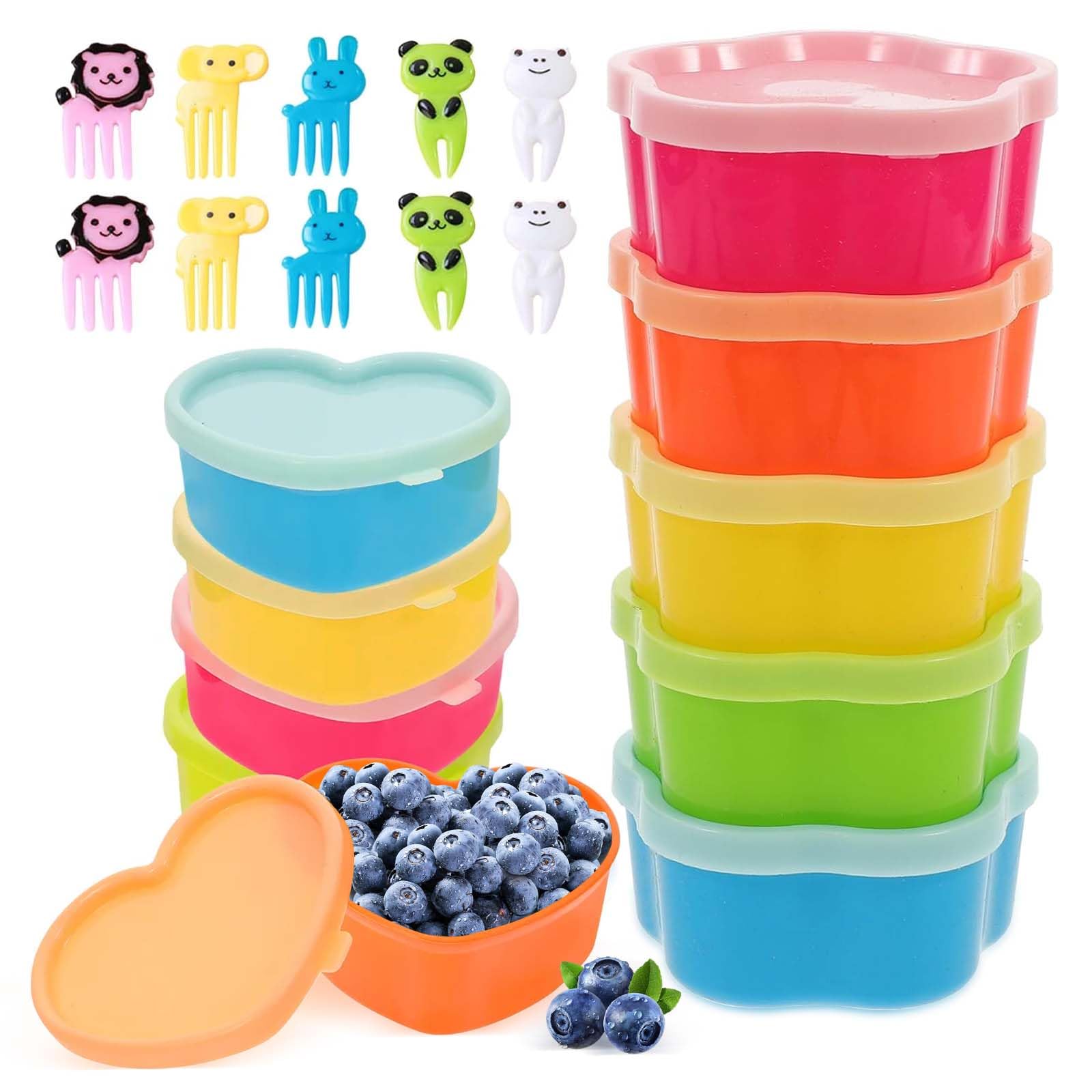Megcdtr Small Food Containers with Lids, 10pcs Plastic Snack Pots, Reusable Small Pots Comes with Animal Fruit Fork, Snack and Condiment Containers for Lunch Yoghurt Spices Nuts