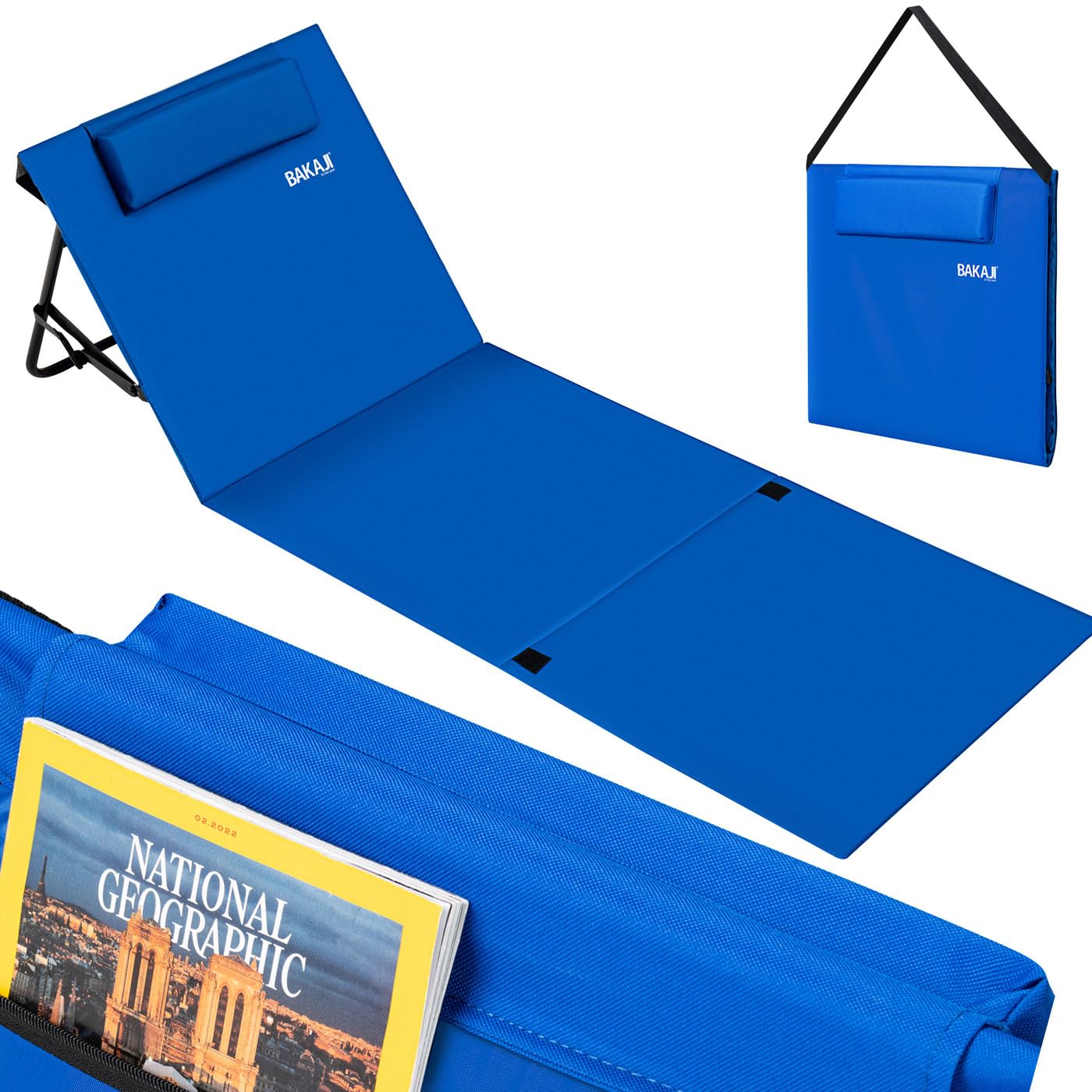 BAKAJI Lettino da Spiaggia Stuoia Materassino Telo Mare Pieghevole Impermeabile Regolabile 5 Posizioni Imbottita Chiusura Borsa Trasporto, Supporto Schienale Campeggio Resistente Antisabbia