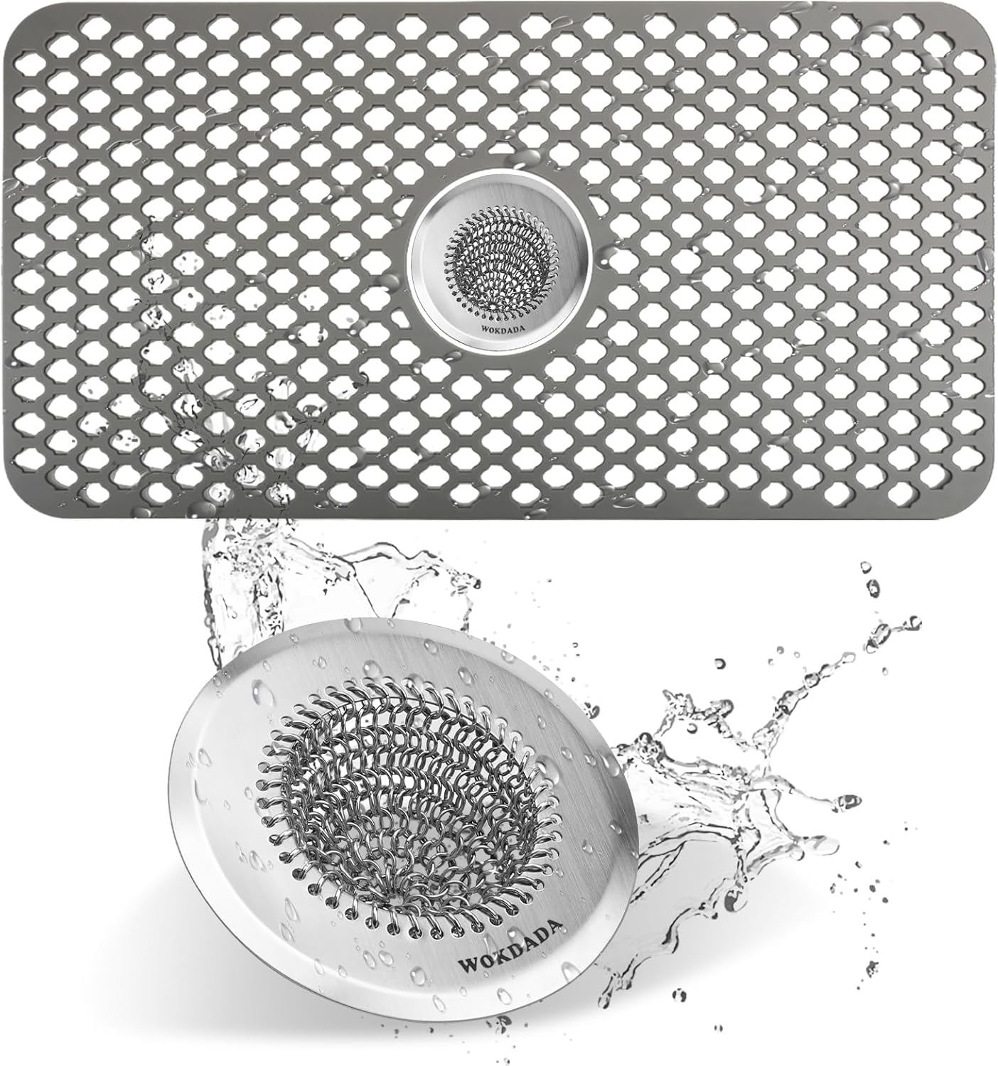 Silicone Sink Mat, 25''x13'' Kitchen Sink Protector with Center Drain