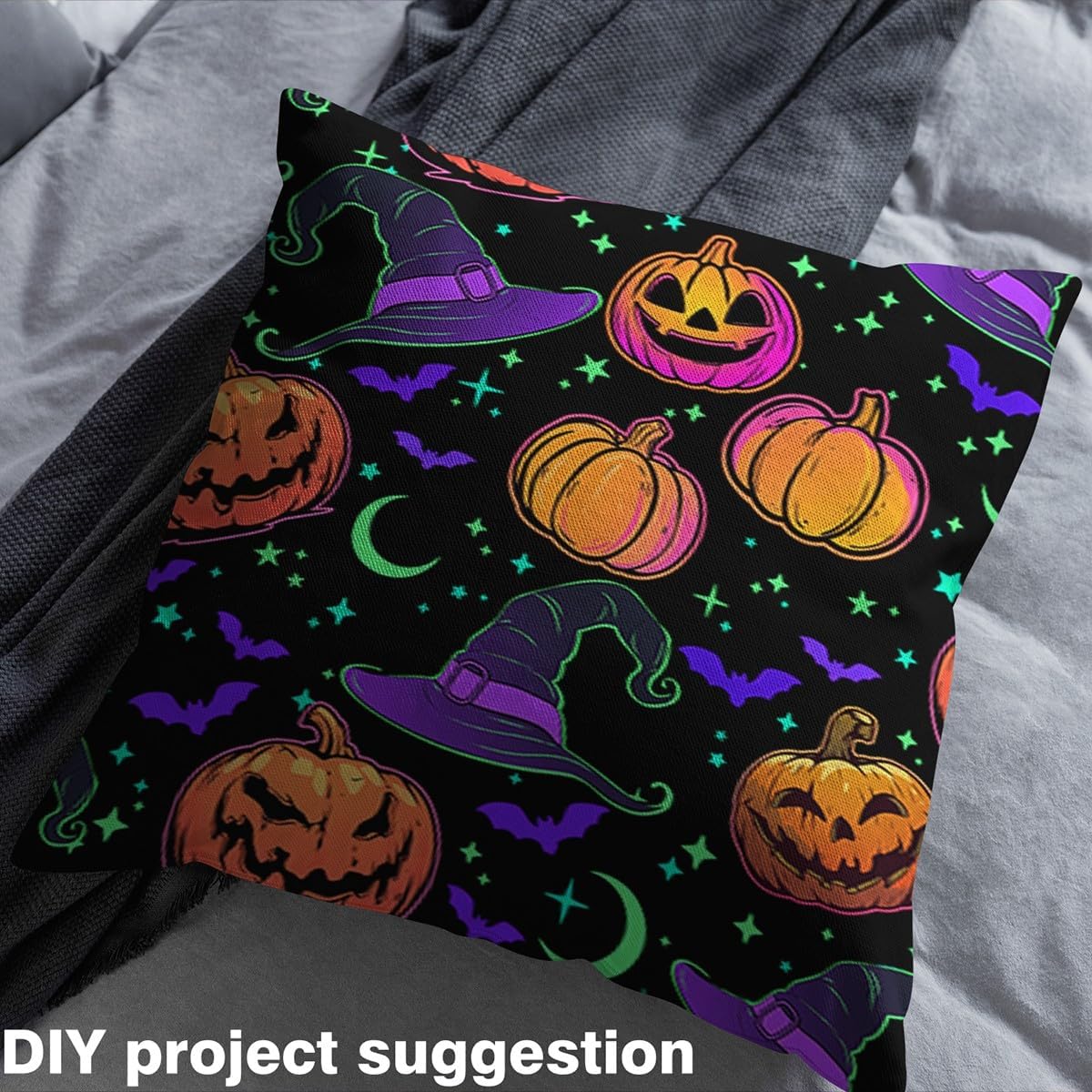 Halloween Fabric by The Yard Cartoon Gradient Hippie Pumpkin Decor Fabric for Kids Sewing Supplies Neon Light Glitter Stars Moon Cute Bat Fabric for DIY Upholstery and Home Accents 2 Yards,72"L x 59"W