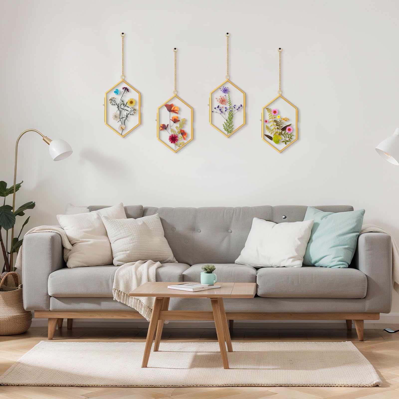 Qunclay 4 Stück schwebender Blumenrahmen zum Aufhängen, gepresster Blumenrahmen, DIY, sechseckiges Glas mit Kette, doppeltes schwimmendes Bild, geometrische Wanddekoration für Bild in der Heimgalerie