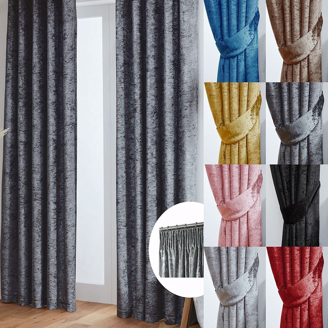 John Aird Crushed Velvet Fully Lined Pencil Pleat Curtains (Dark Grey, 46" Wide x 90" Drop) โ image 1