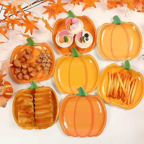 Miniatura 4 de 50 platos de papel de calabaza, platos desechables de calabaza de otoño, platos de postre de Acción de Gracias, platos de fiesta naranja para
