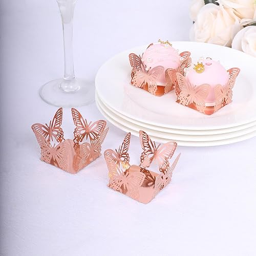 Efavormart - Paquete de 50 mini forros de postre de taza de trufa de mariposa metálica plateada de 4 pulgadas, envoltorios cuadrados para cupcakes,