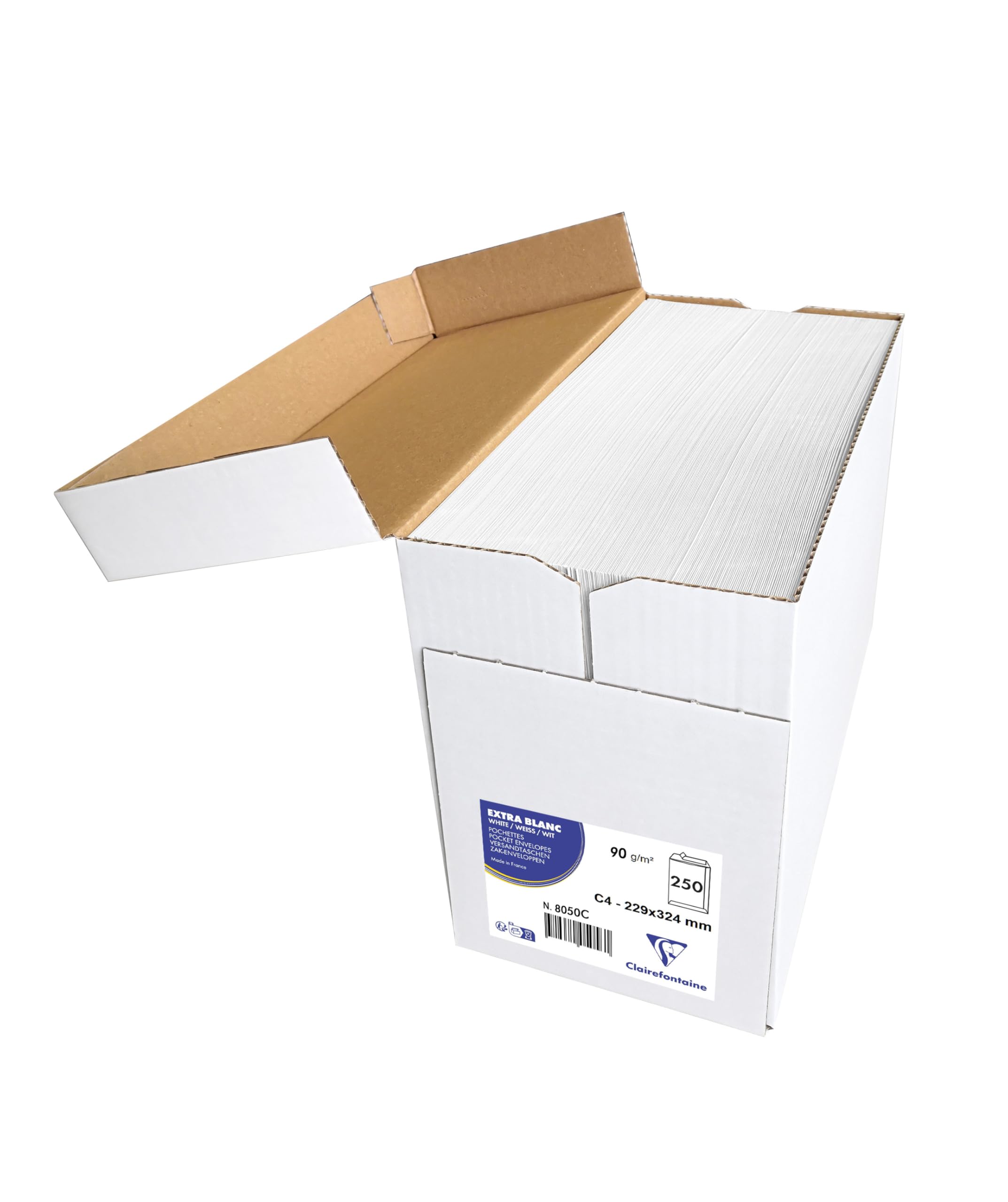 Clairefontaine 8050C - Karton mit 250 Versandtaschen weiß C4-229x324 mm, selbstklebend, 90g, 1 Karton