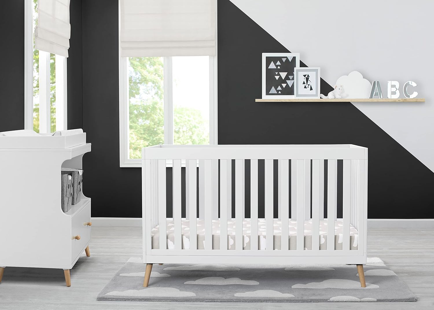 Delta Children Essex Crib 7-Piece Baby Nursery Furniture Set–Includes: Convertible Crib, Glider, Dresser, Changing Top, Crib Mattress, Sheets, & Changing Pad, Bianca White w/Natural : Baby