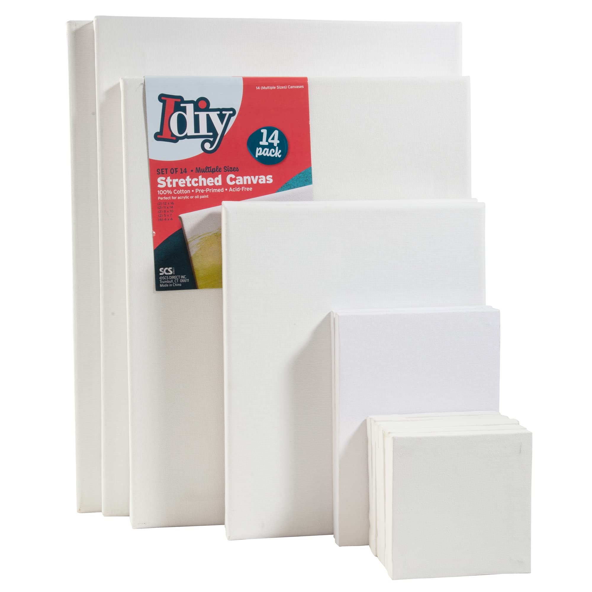 iDIY Lot de 14 toiles tendues 10 x 10 - 30 x 40 cm - Blanc classique, pré-apprêté pour huiles ou acryliques, 100 % coton, sans acide - Qualité professionnelle