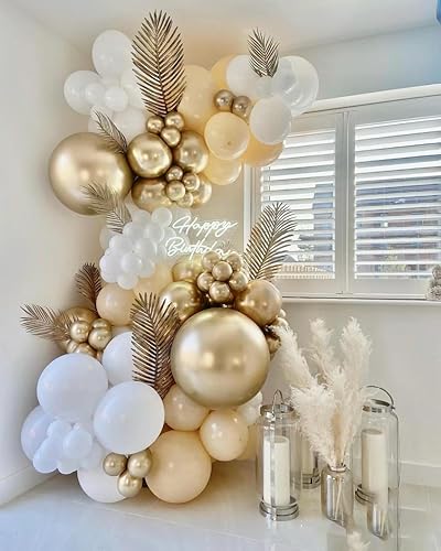 Miniatura 3 de Paquete de 143 globos dorados y blancos de champán y perlas, kit de guirnalda y arco de globos blancos pequeños y grandes, globos dorados y dorados,