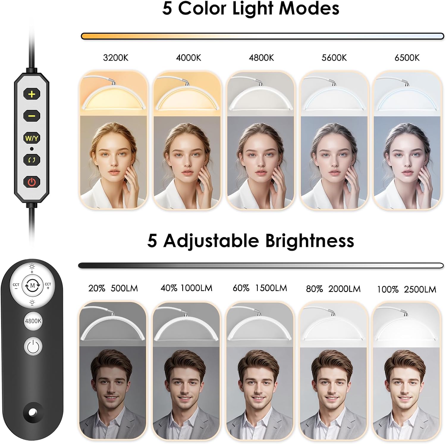 Half Moon Light for Lash Tech, Flexible Lash Lamp with Phone Holder for Eyelash Nail Art Tattoos Skincare, 5 Color Temperatures & Brightness Setting LED Floor Lamp Esthetician Light