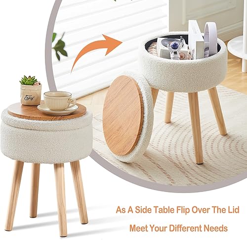 Miniatura 40 de Mxfurhawa Taburete otomano de almacenamiento redondo de lino con patas de madera, reposapiés tapizado multifuncional, para sala de estar, baño,