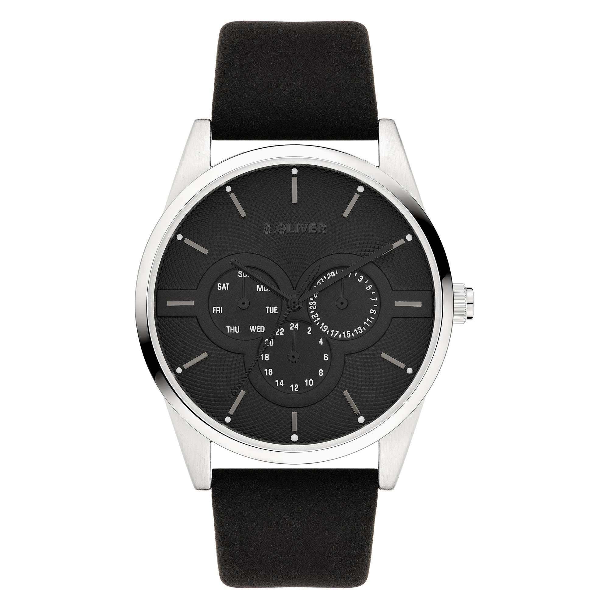 s.Oliver Men's Watch – Round – Silver – 42 mm – Metal Watch with Quartz Movement on Faux Leather Strap with Folding Clasp – Analogue Watch – 3 ATM Waterproof – Scratch-Resistant