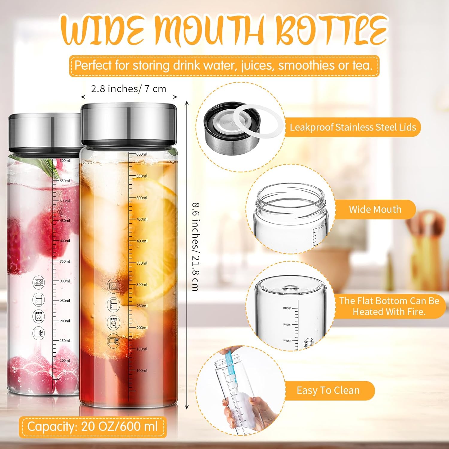 Vesici 20 oz Wide Mouth Glass Juice Bottle Glass Water Bottles with Lids and Scale for Juicing Smoothies Milk Protein Water Beverage Storage Reusable Leakproof Borosilicate Bottle