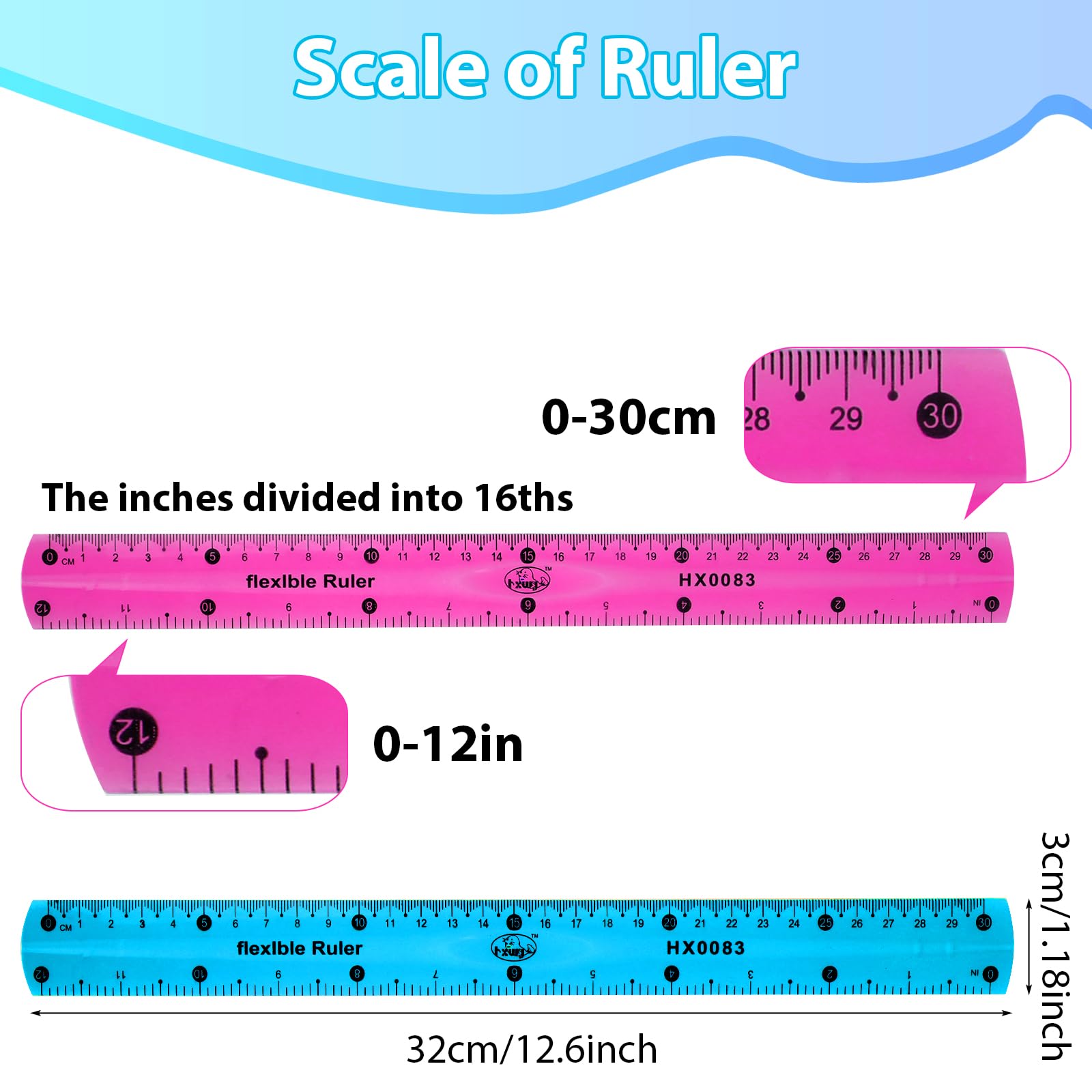 Vin Beauty 2 Pcs Flexible Ruler 30cm/12in Bendable Scale Ruler Plastic Clear Straight Edge Ruler Soft Shatterproof Ruler for Kids Students School Classroom Adults Office Stationary (Pink, Blue) - Image 3