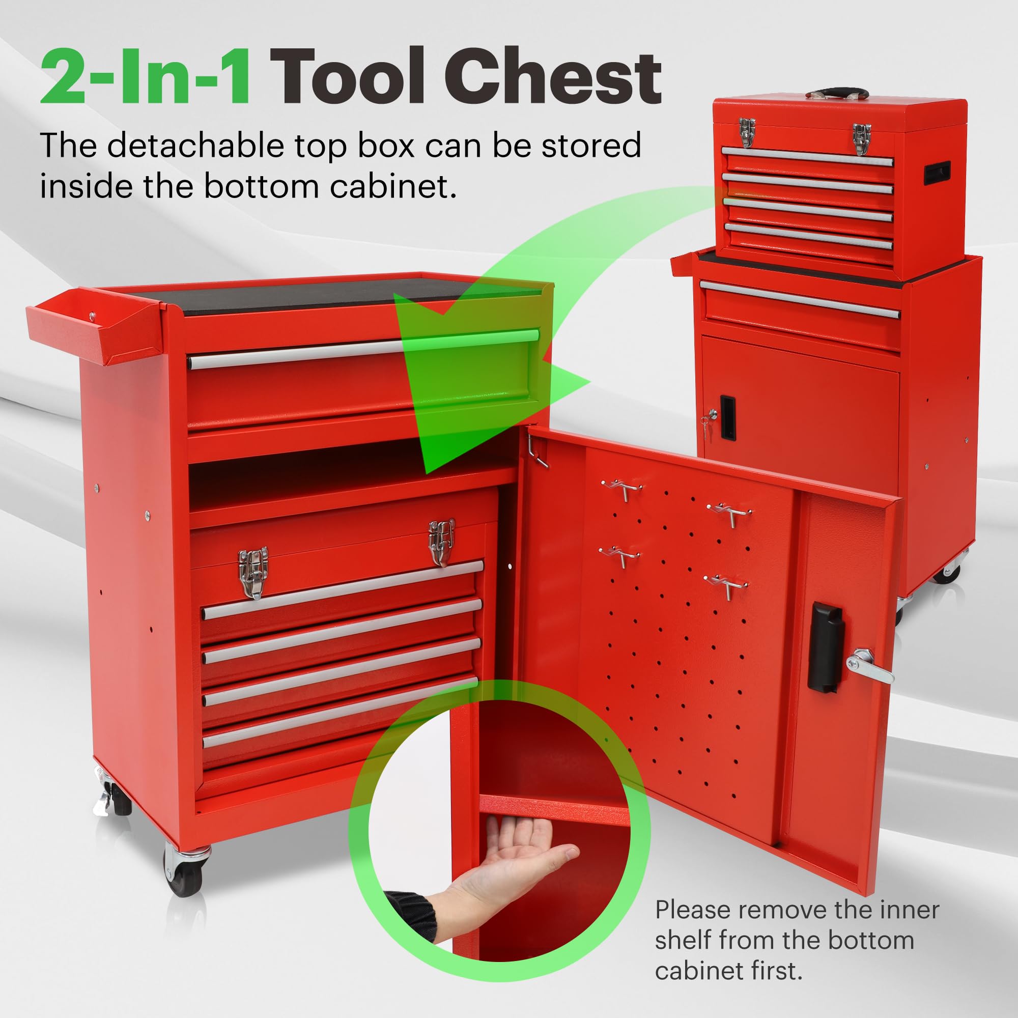 AJP Distributors Tool Box Organizer,5-Drawer Garage Storage Cabinets Lockable Wheels&Sliding Drawers&Detachable Top&Adjustable Shelf,Tool Box Organizers and Storage for Garage Workshop (Red)