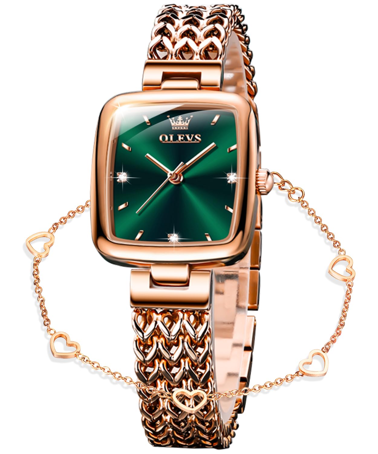 OLEVS Gold/Rose Gold Watches for Women Slim Thin Square Ladies Elegant Dress Small Wrist Watch Valentine's Day 9951：Rose gold-Green
