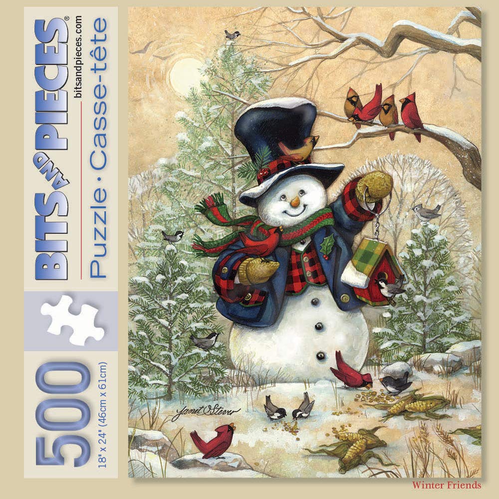 Bits and Pieces - 500 Piece Jigsaw Puzzle for Adults - Winter Friends - Snowman Outdoor Nature Jigsaw Puzzle by Artist Janet Stever, Completed Puzzle Size: 18" x 24"