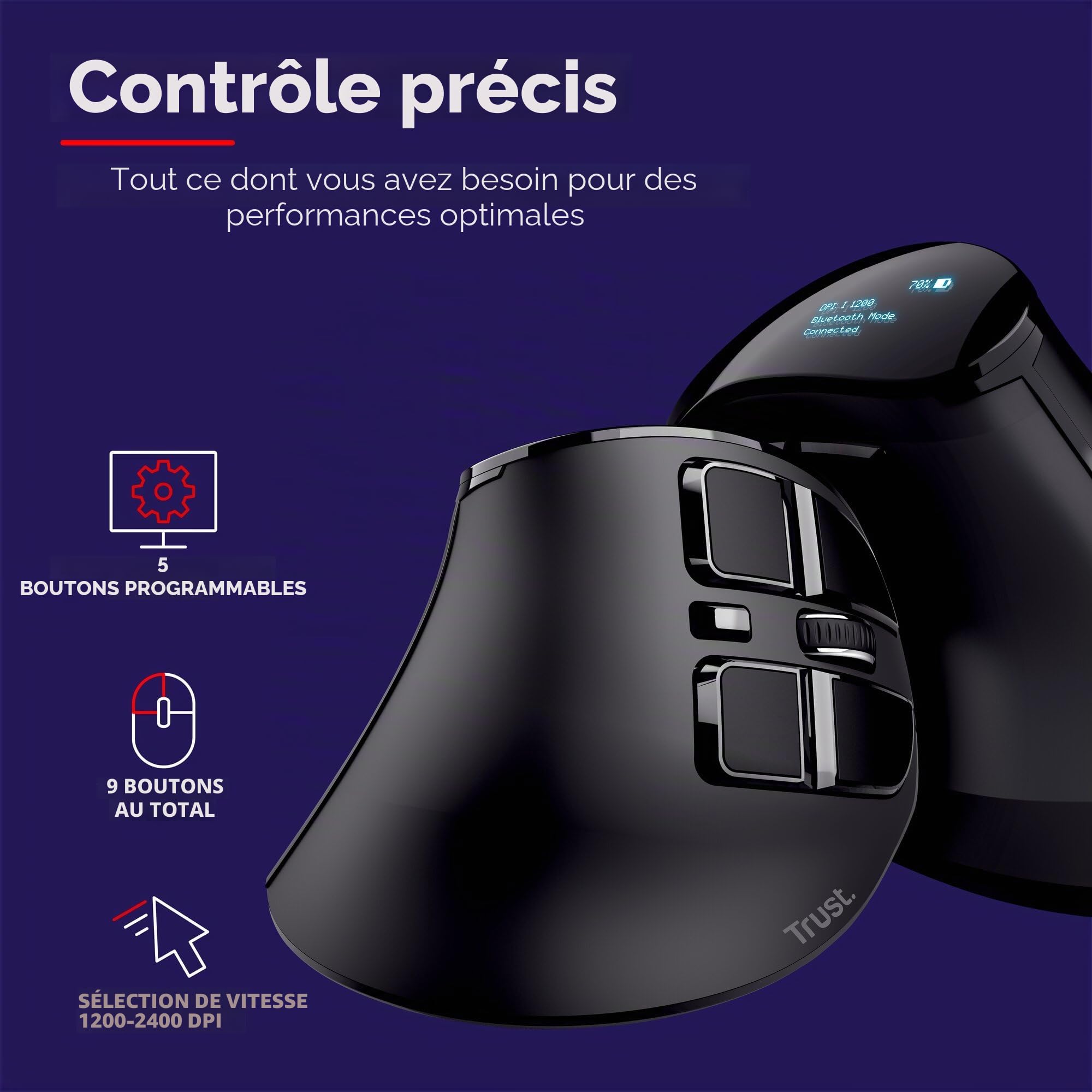 Trust Voxx Souris Verticale sans Fil Rechargeable, Bluetooth ou 2.4 GHz, 9 Boutons, 1200-2400 PPP, Souris Bluetooth Ergonomique pour PC, Mac, Macbook, Ordinateur, Chromebook - Noir