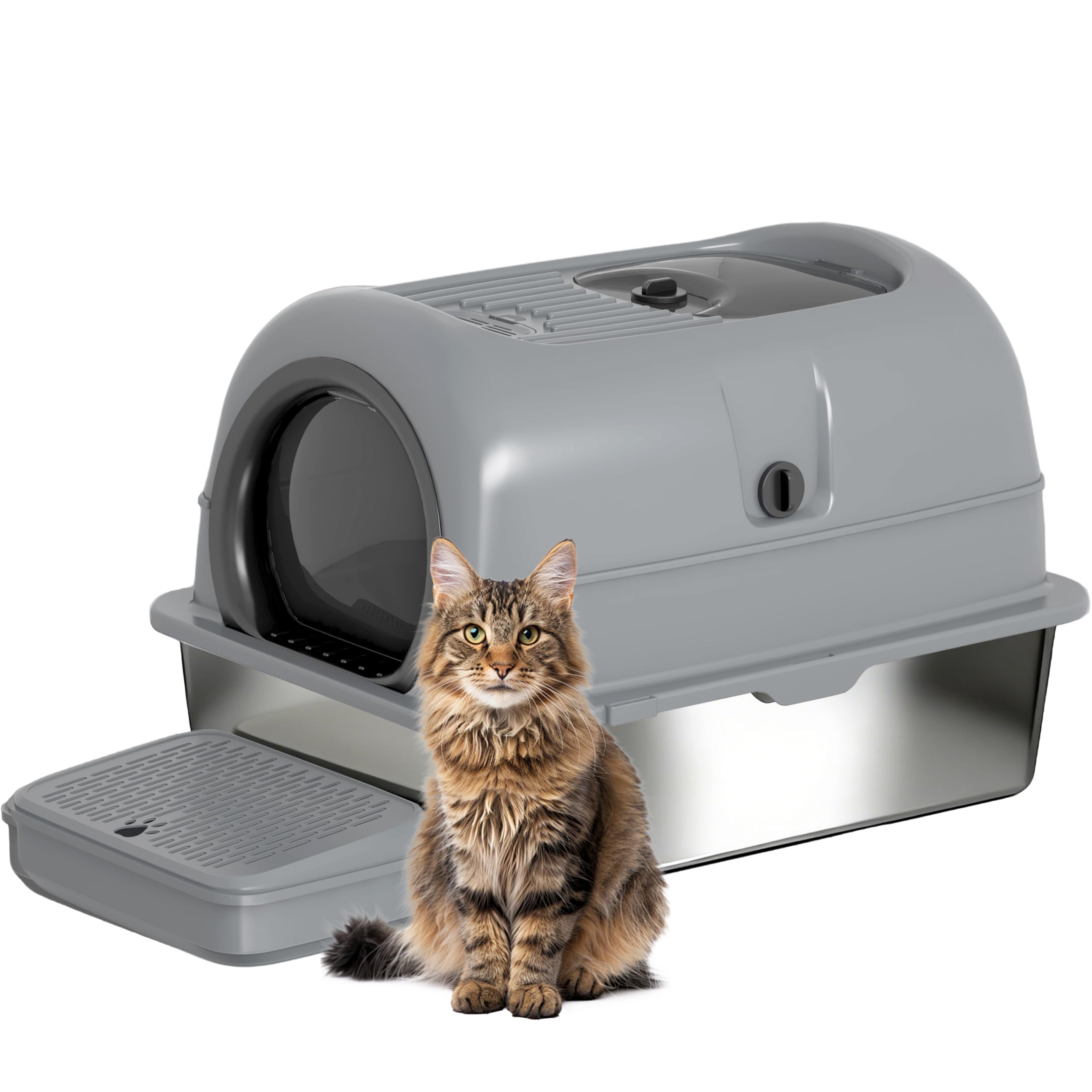 CuddPaw Low Entry High Sided Large Enclosed Cat Litter Box, Stainless Steel Litter Pan with Lid, 3-in-1 Covered Design with Pedal, 23.6x16x15.8 Inch, for Senior Kittens & Multiple Cats（Dark Gray）