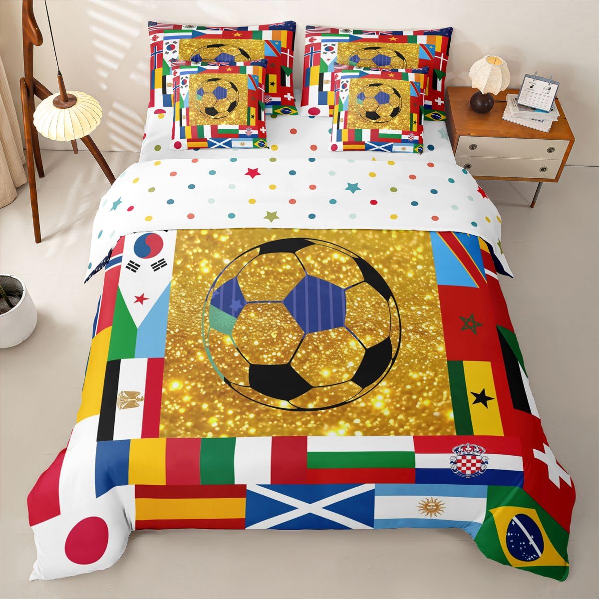 Loussiesd Set di biancheria da letto con copripiumino singolo con lenzuola, per bambini, ragazzi e ragazze, set di biancheria da letto in una borsa, 7 pezzi, motivo: calcio mondiale di calcio 2026