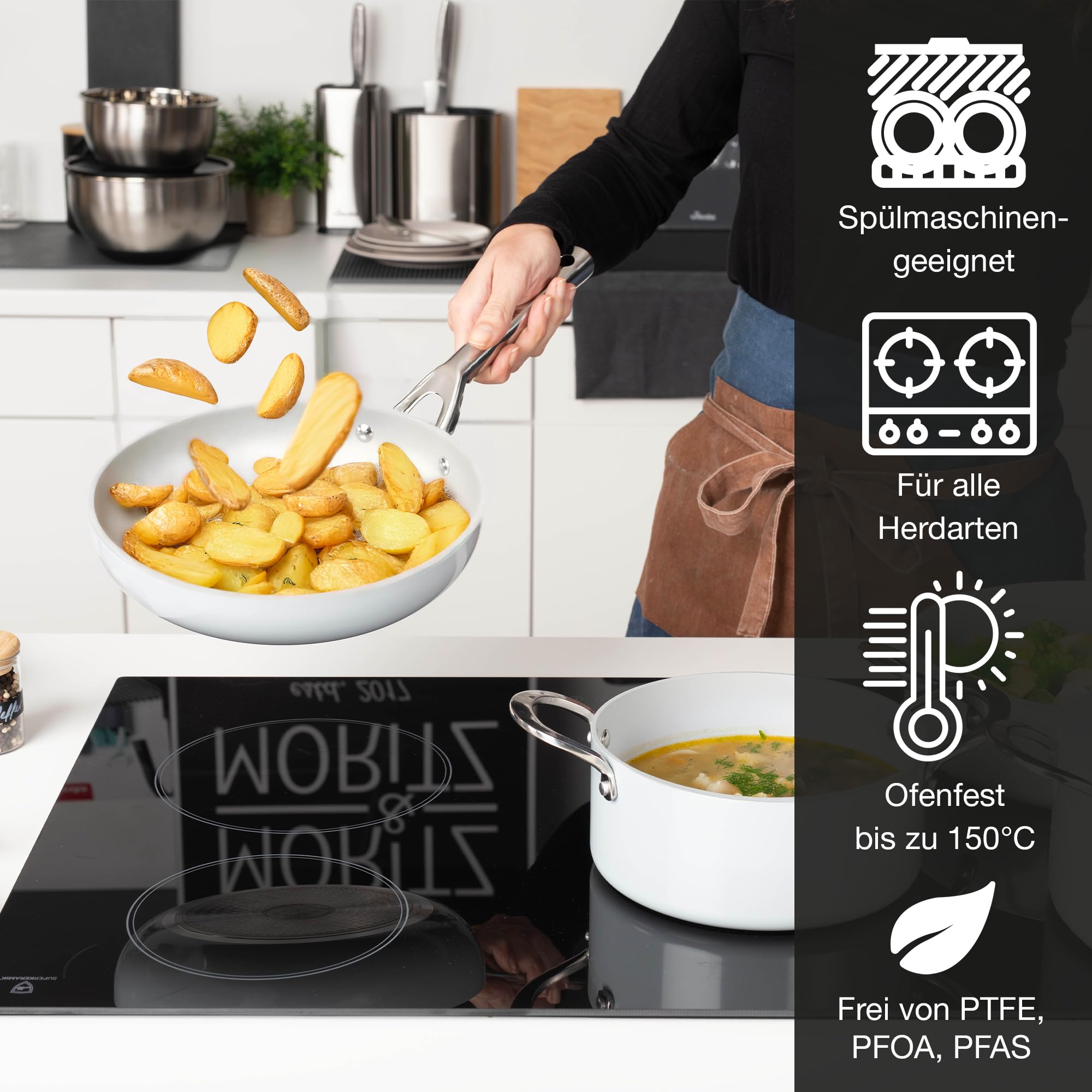Moritz & Moritz 7-tlg. Aluminium Topf und Pfannenset Induktion mit Deckel, 2x Kochtöpfe Induktion mit Deckel, 1x Servierpfanne mit Deckel und 1x Induktionspfanne, Topfset Induktion für alle Herdarten