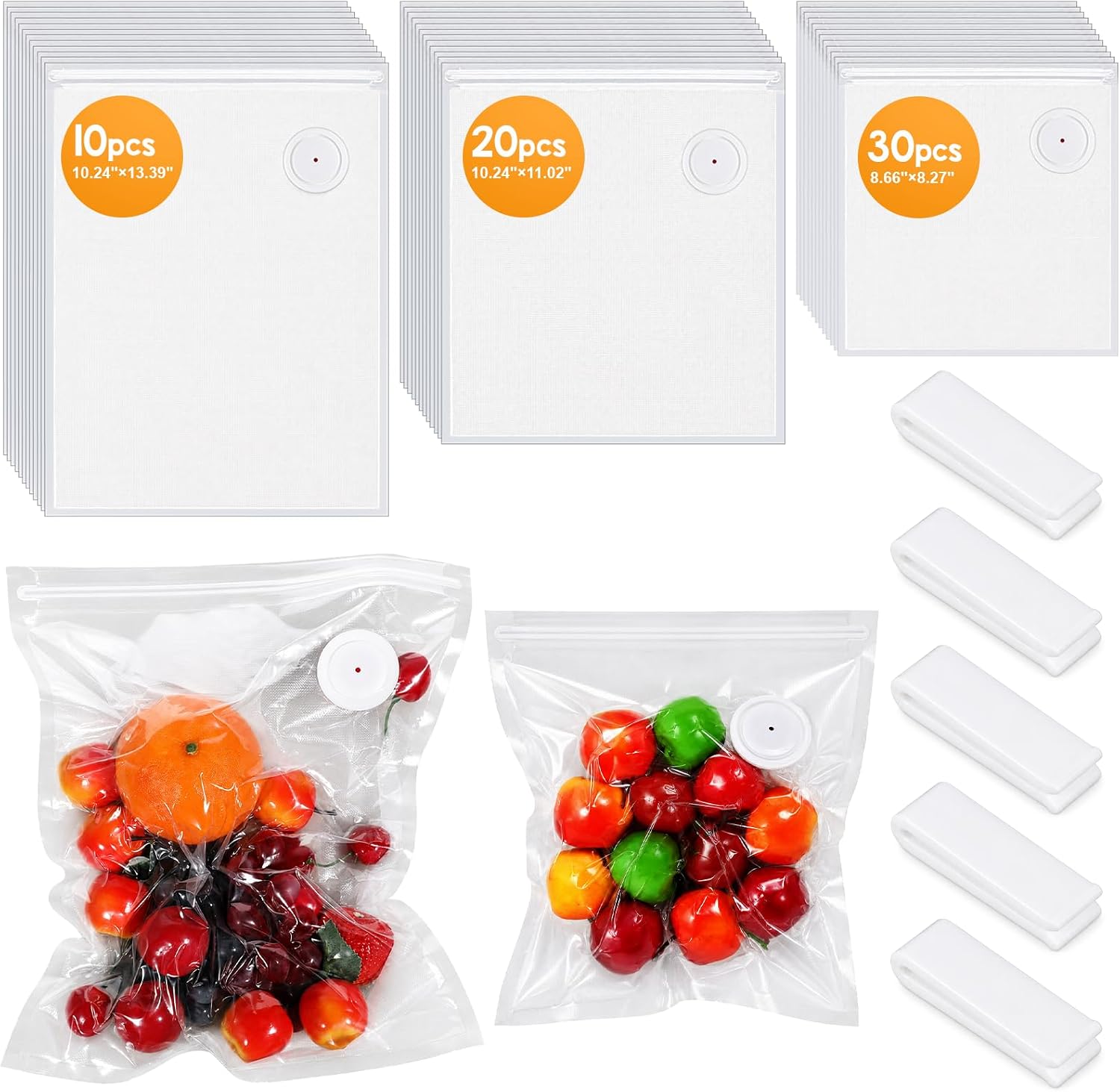 60Pcs Reusable Vacuum Sealer Bags with Clips, 3 Sizes 10L/20M/30S