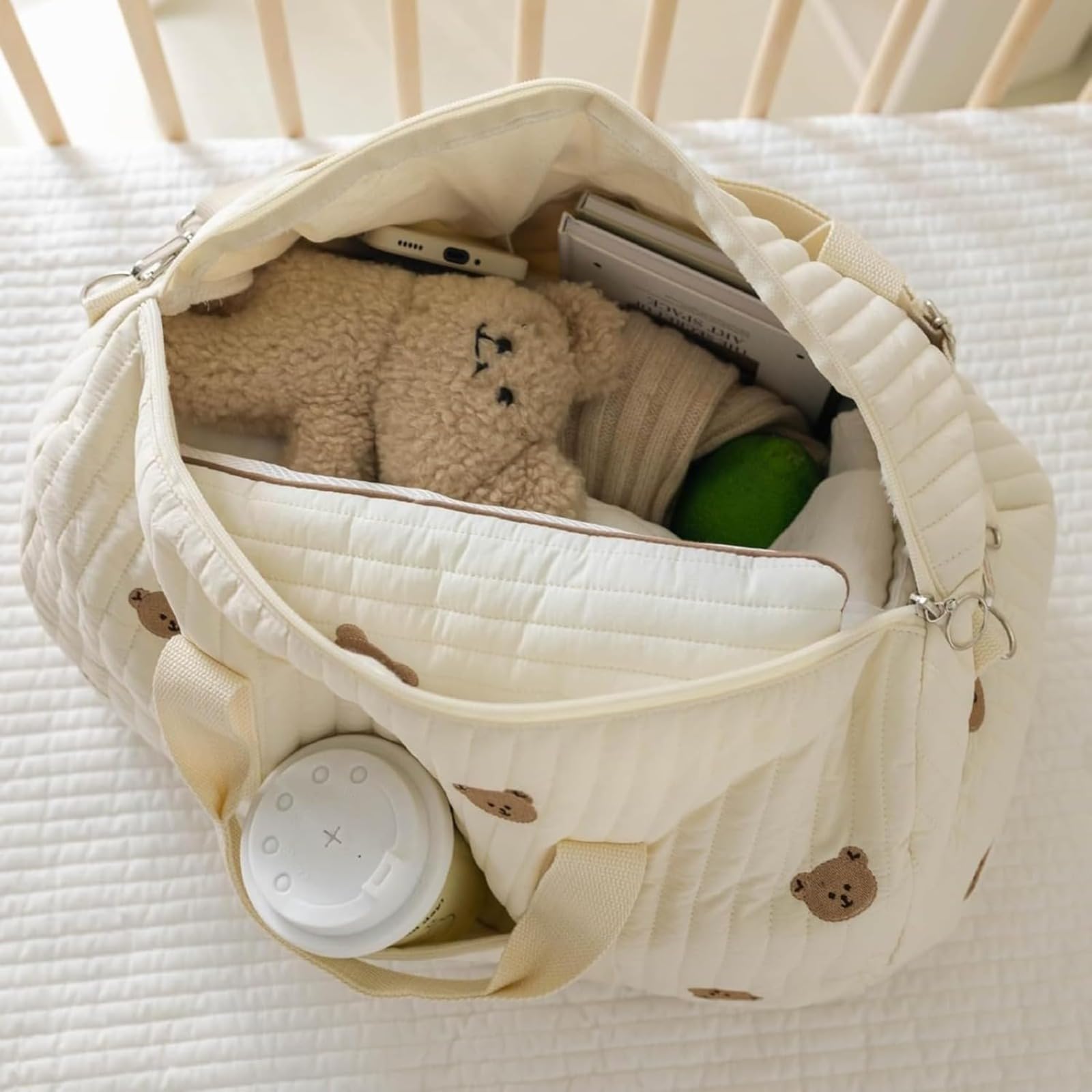 Sac d'accouchement Hôpital Maman Grande, Sac Poussette Ensemble de 2 Pièces, Bébé Changement, Épaule en Coton avec Broderie, Impression Mignon Portable Universel