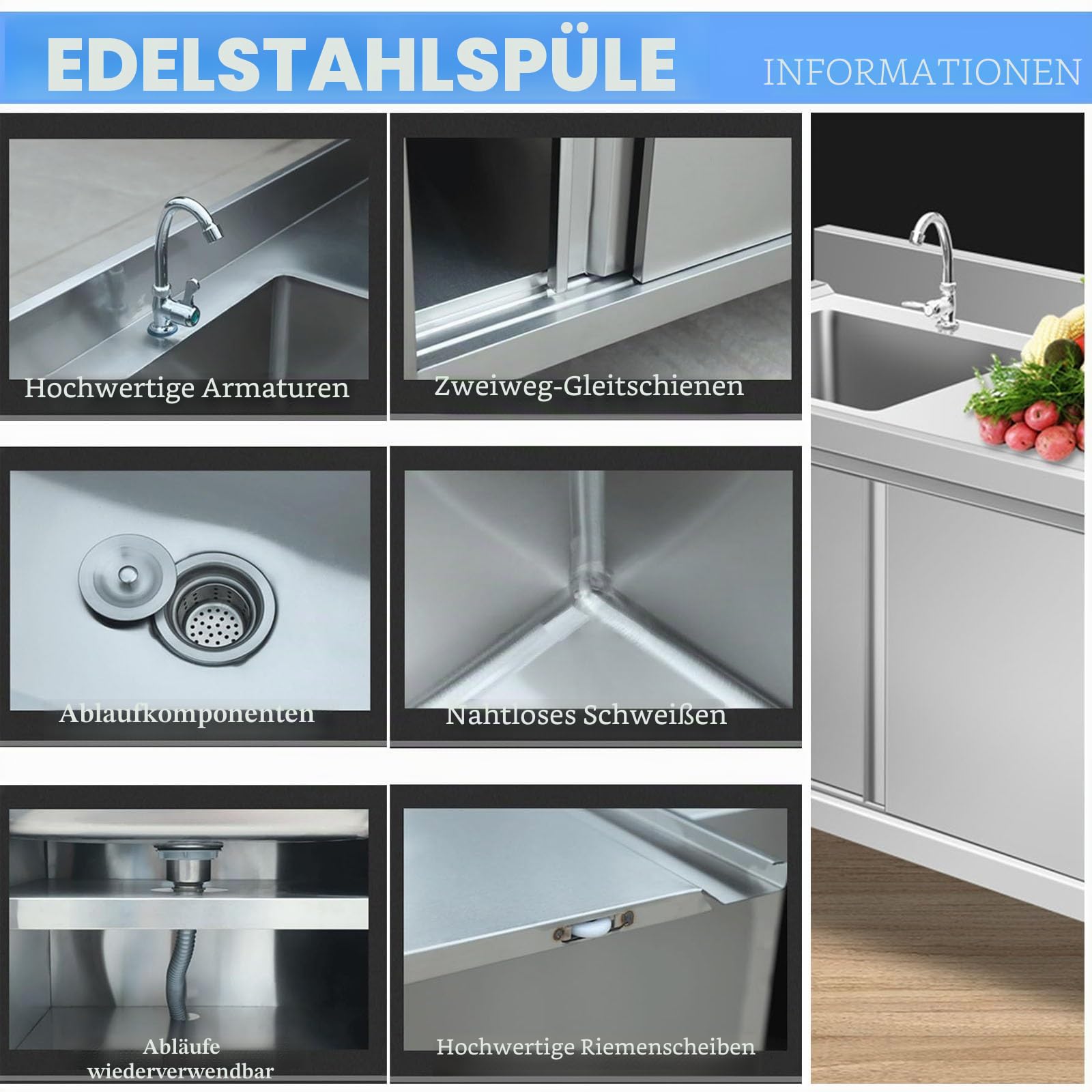 Edelstahl Spültisch Spülenschrank, Mit Spüle Und Armatur, Outdoor Spüle, Freistehende Mobile Schranktür, Mit Unterschrank, Spülbecken Ausgussbecken Küchenspüle, Für Außen Werkstatt Küche(120x50cm)