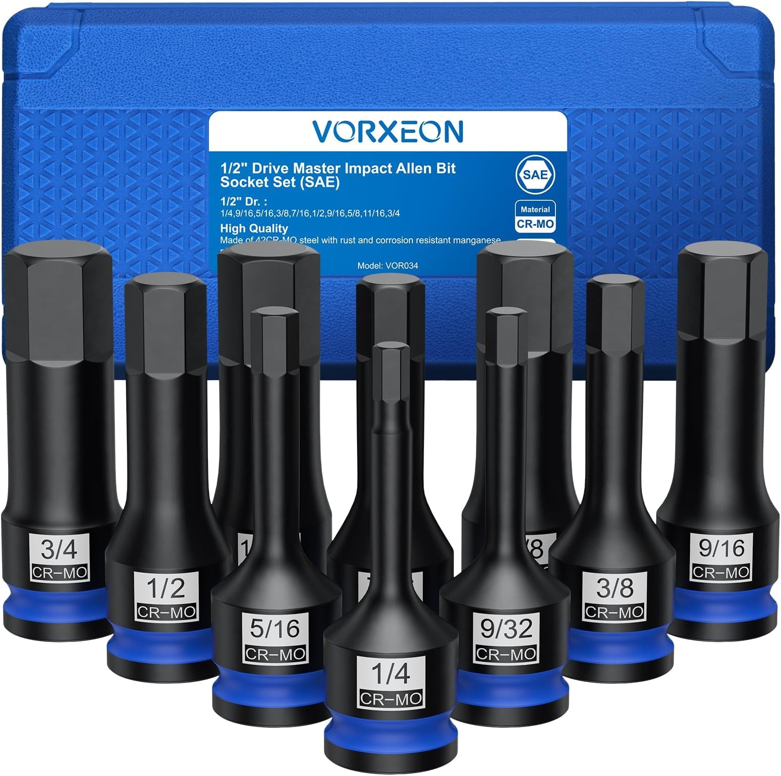 10Pcs 1/2" Drive SAE Impact Allen Hex Bit Socket Set 42CRMO with Storage Case 1/4” 9/32” 5/16” 3/8” 7/16” 1/2” 9/16” 5/8” 11/16” 3/4”