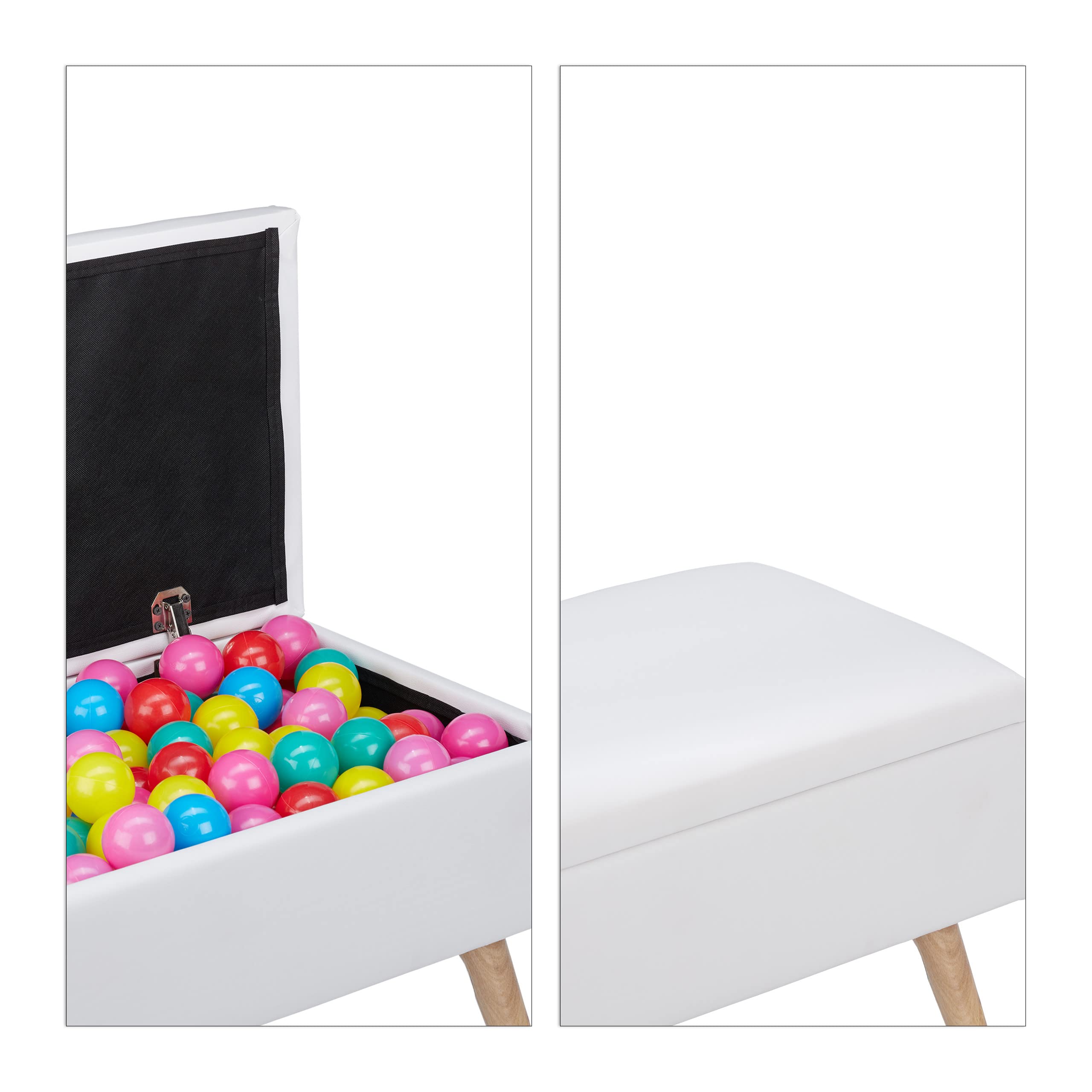 Relaxdays Panca Contenitore, 40 l, in finta pelle, con Gambe in Legno, Cassapanca Imbottita, Bianco, HxLxP: 40 x 80 x 39.5 cm