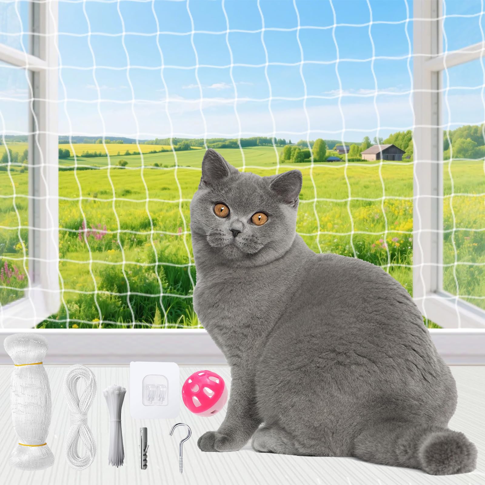 Katzennetz für Balkon ohne Bohren, LIEOLGOH 3x8m Transparentes Katzenschutznetz, Katzenschutz-Netz mit Befestigungsseil und Zubehör, Wetterfest & UV-beständig Geeignet für Fenster,Oberlichter,Terrasse
