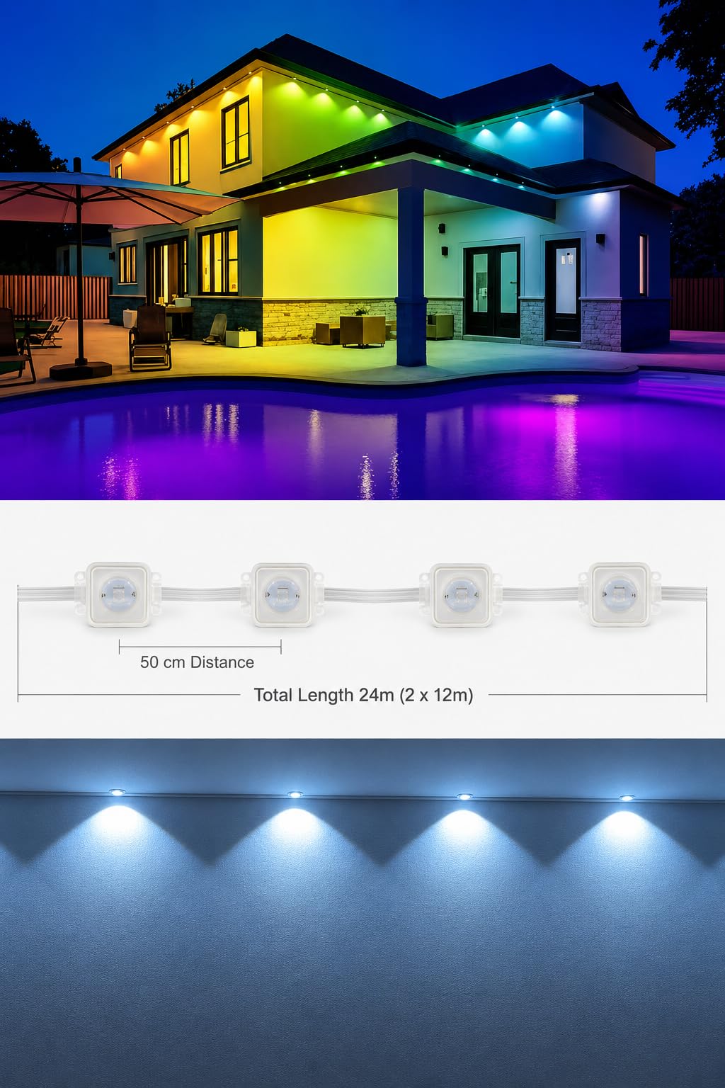 Inteligentna Girlanda Elewacyjna LED 24m 48 LED (2x12m) – Zewnętrzne Oświetlenie Domu RGBW i Ciepła Biel, Wodoszczelne Moduły IP67 Wi-Fi, Sterowanie Aplikacją Tuya i Pilotem, Możliwość Łączenia