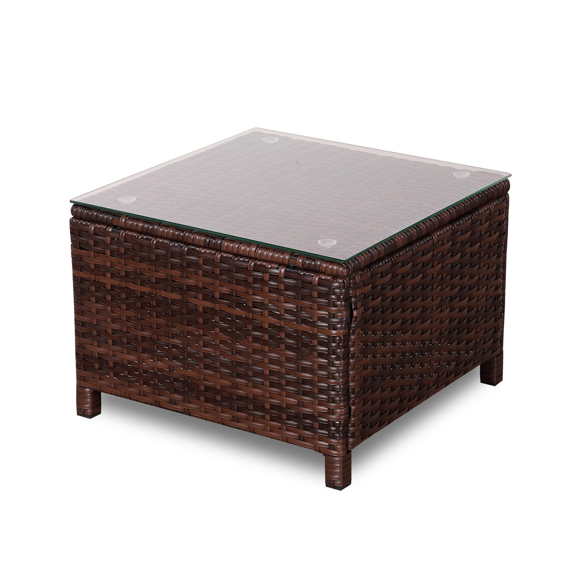 Rattan Park Mesa de Centro de ratán para Exterior con Tapa de Cristal, Mesa Auxiliar de Mimbre Resistente a Todo Clima para Patio, balcón o Porche, Color marrón (55×55×38 cm)