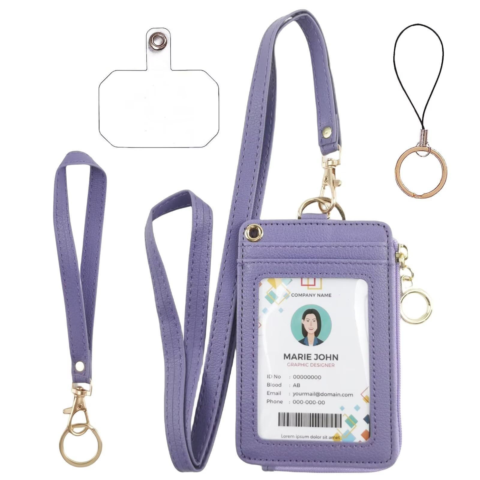bolimoss Purple Badge Holder with Zipper Lanyard, PU Leather ID Badge Card Holder Wallet with 4 Card Slots, 1 Clear ID Window,1 Case Slot, Detachable Wrist & Long Neck Lanyard,Keychain,Phone Holder — image 1