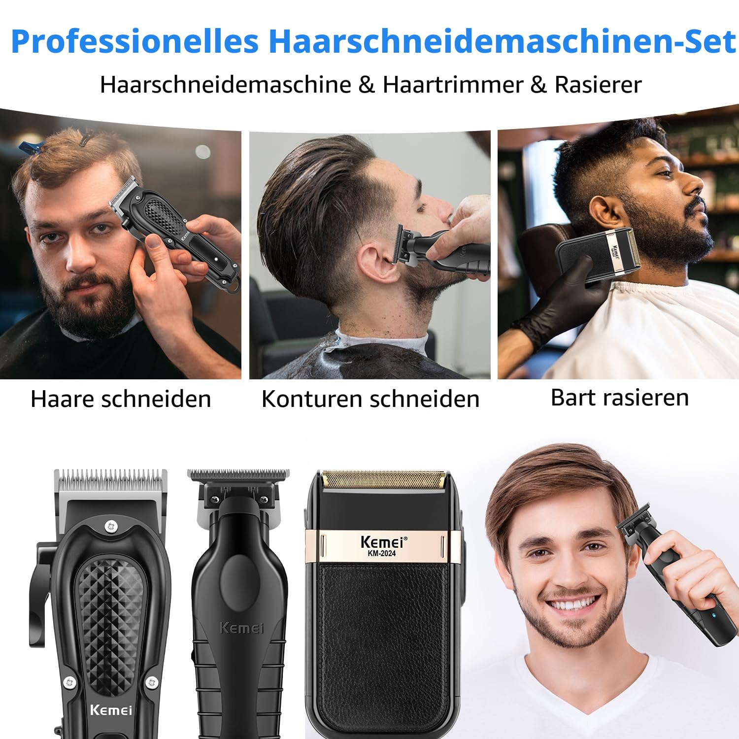KEMEI Professionelle Haarschneidemaschine für Männer, Schnurloser Kompletter Barber Clipper T-Blade Trimmer Folienrasierer Set, Elektrisches Haarschneider Full Kit mit 9 Führungskämmen